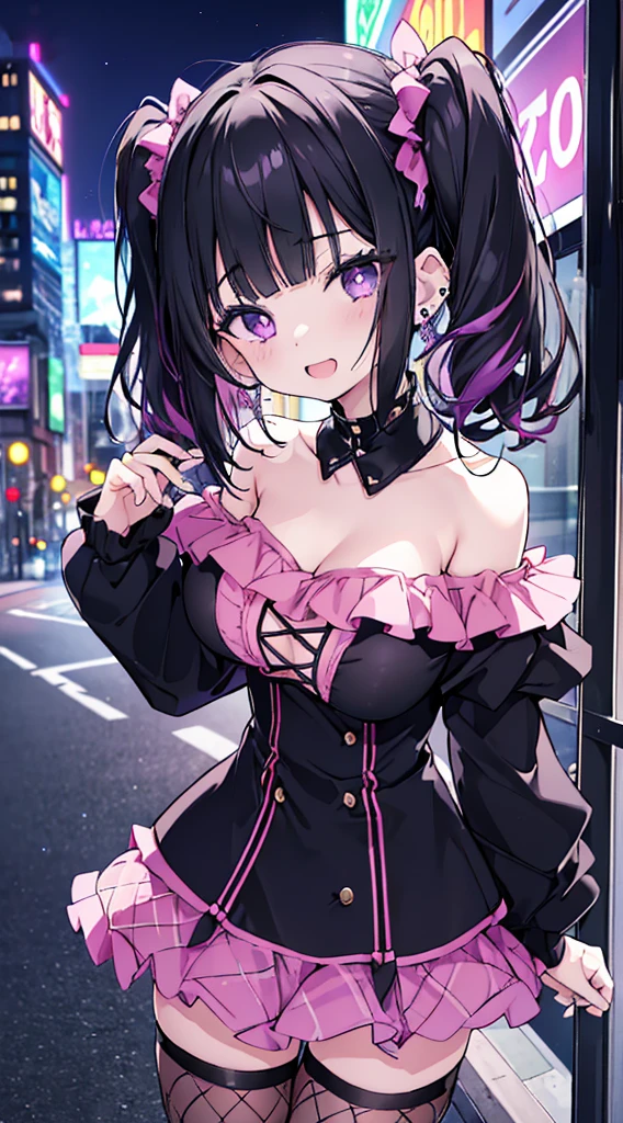 (8k、Top image quality、top-quality、​masterpiece)、1 girl in、Black hair twintails、short-hair、waved hair、blunt bangs、Purple eyes、Opens mouth and laughs、piercings、very Bigger breasts、Pink ruffled clothing、off shoulder strapless、Black miniskirt、((Fishnet tights))、cowboy  shot、Downtown background at night