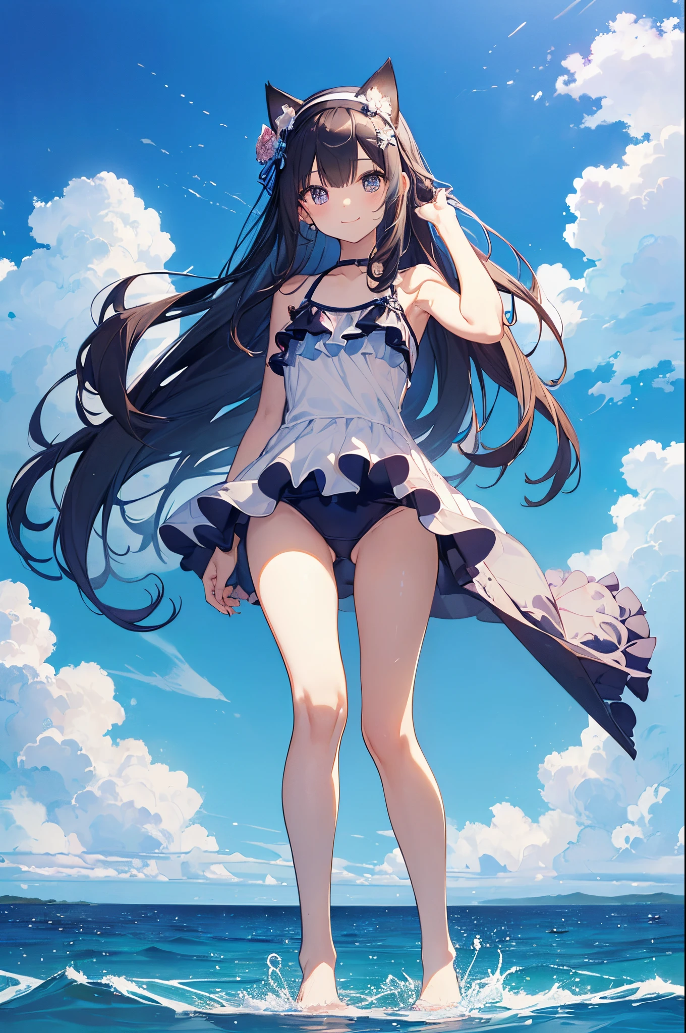 ((2D Beautiful Girl、top-quality、perfect fingers:1.1、perfect anatomia:1.1、Perfect outfit、face perfect：1.1、Beautiful illustration))、(transform sequence)、((cute decorative headband、Idol style swimsuit)、ars、Solio、hime、Fractal Art、babye、((sht long hair))、(Slender and beautiful legs)、Beautiful big drooping eyes、（full body photographed：1.1、Zoom out and shoot）、((1人))、Blue sky and sea background、cat ear、a smile