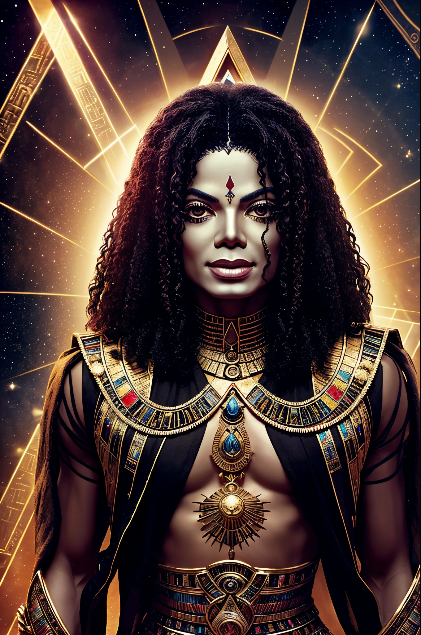 "Imagine an AI-generated artwork that transforms Michael Jackson into the likeness of an ancient Egyptian god. Envision him adorned in regal Egyptian attire, incorporating iconic symbols of ancient deities. Picture Michael Jackson with divine features, seamlessly blending his distinctive persona with the attributes of a powerful and enigmatic god. Set the scene against a backdrop of mystical pyramids or a celestial realm, with an aura of divine light illuminating the transformation. Use a color palette reminiscent of ancient Egyptian art to convey the regality and mystique associated with this celestial portrayal. The final image should be a captivating fusion of Michael Jackson's iconic presence and the timeless allure of ancient Egyptian mythology."