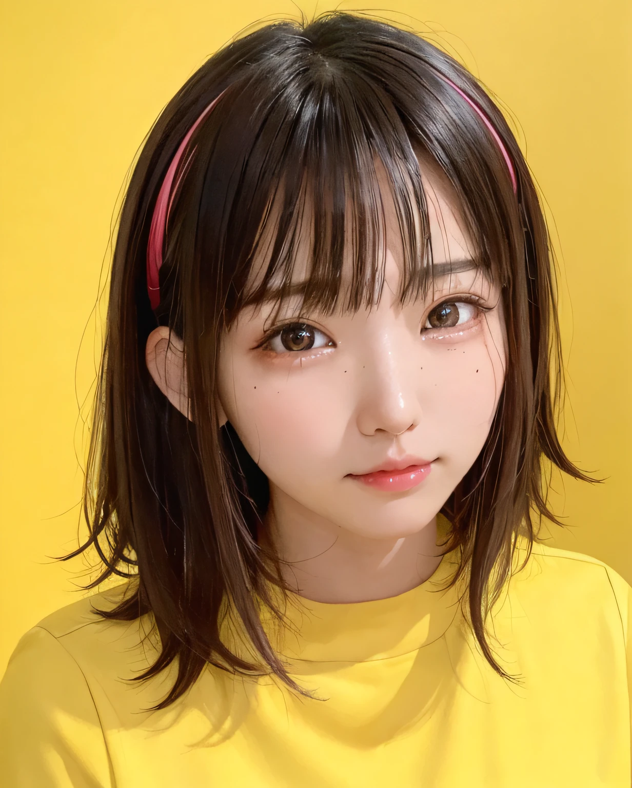 ​masterpiece, top-quality, 8K, absurderes, (The upper part of the body:1.4)、Colorful beautiful girl、8years old、hair messy、soft skin perfect face、intricate-detail、Splash Screen、8K分辨率、​masterpiece、cute  face、(Dull yellow background:1.4)、professional photograpy、natural soft light、Volumetric lighting , Convoluted, elegent, immensity, Fantastical, hair wavy, with a vibrant、(((Tear mole)))