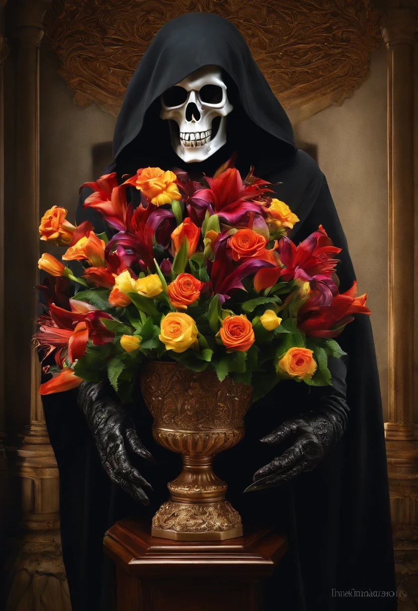 A photo of the grim reaper arranging a stunning display of exotic flowers in a grand, ornate vase,original,grim reaper