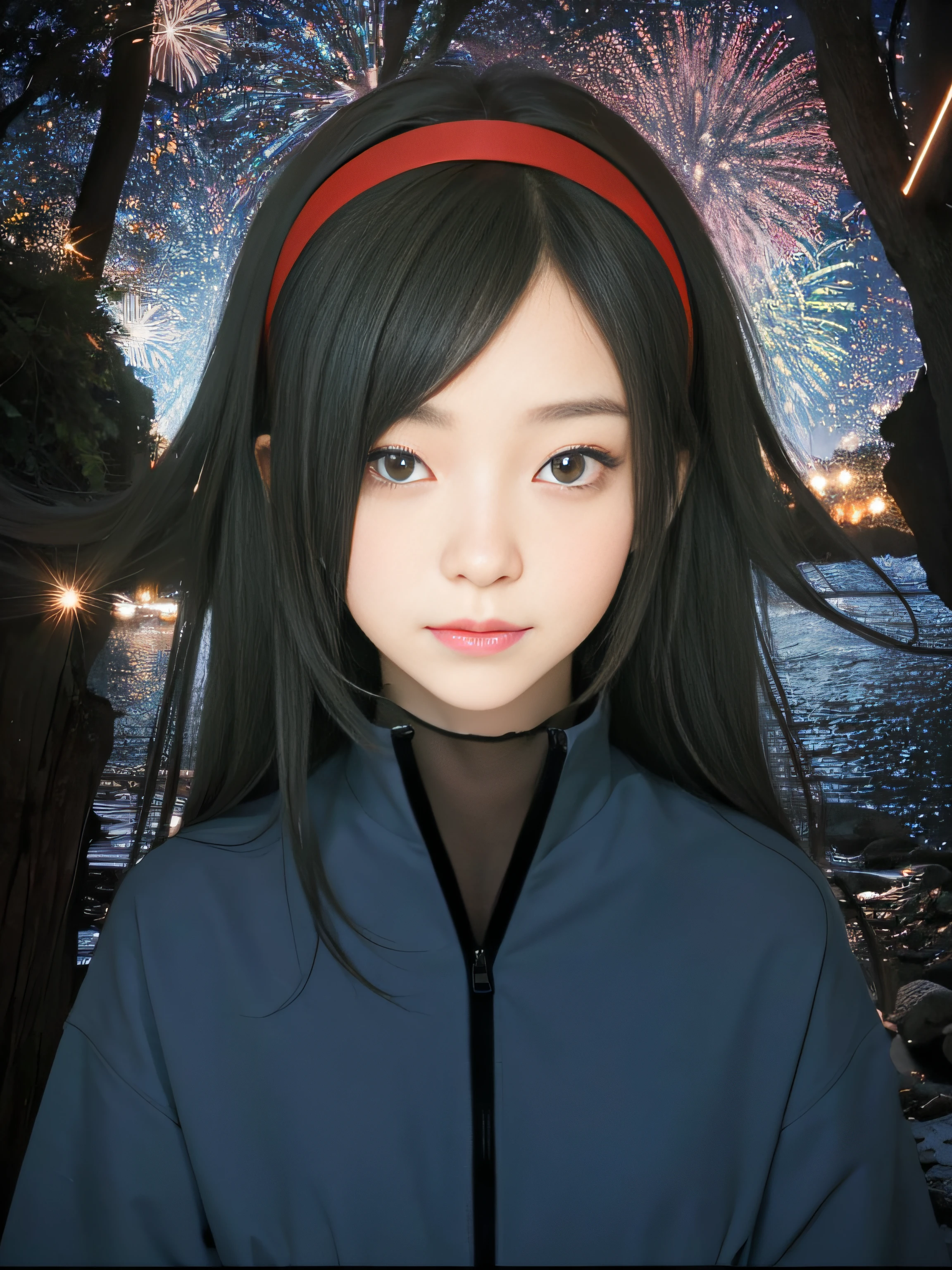 masterpiece, best quality, (realistic, photo-realistic:1.4), (RAW photo:1.2), extremely detailed CG unity 8k wallpaper, delicate and beautiful, amazing, finely detail, official art, absurdres, incredibly absurdres, huge filesize, ultra-detailed, extremely detailed, extremely detailed girl, extremely detailed eyes and face, light on face,firework,little smile,black hair,black eyes,long hair,red hairband