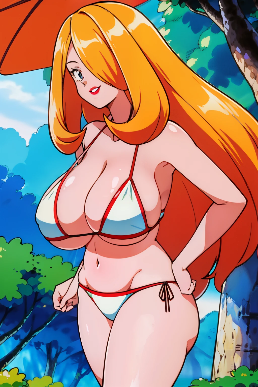 Cynthia pokemon, ((bimbo))), long blond hair, hair ornaments, long hair, cute smile face, painted lips, wide hips, thick thighs, huge ass, craving lust face , enormous gigantic natural breasts, cleavage, mature mom, white bikini, sun bathing, in the jungle, oily breasts, undressing bikini exposing nipples, bottom view perspective, micro bikini