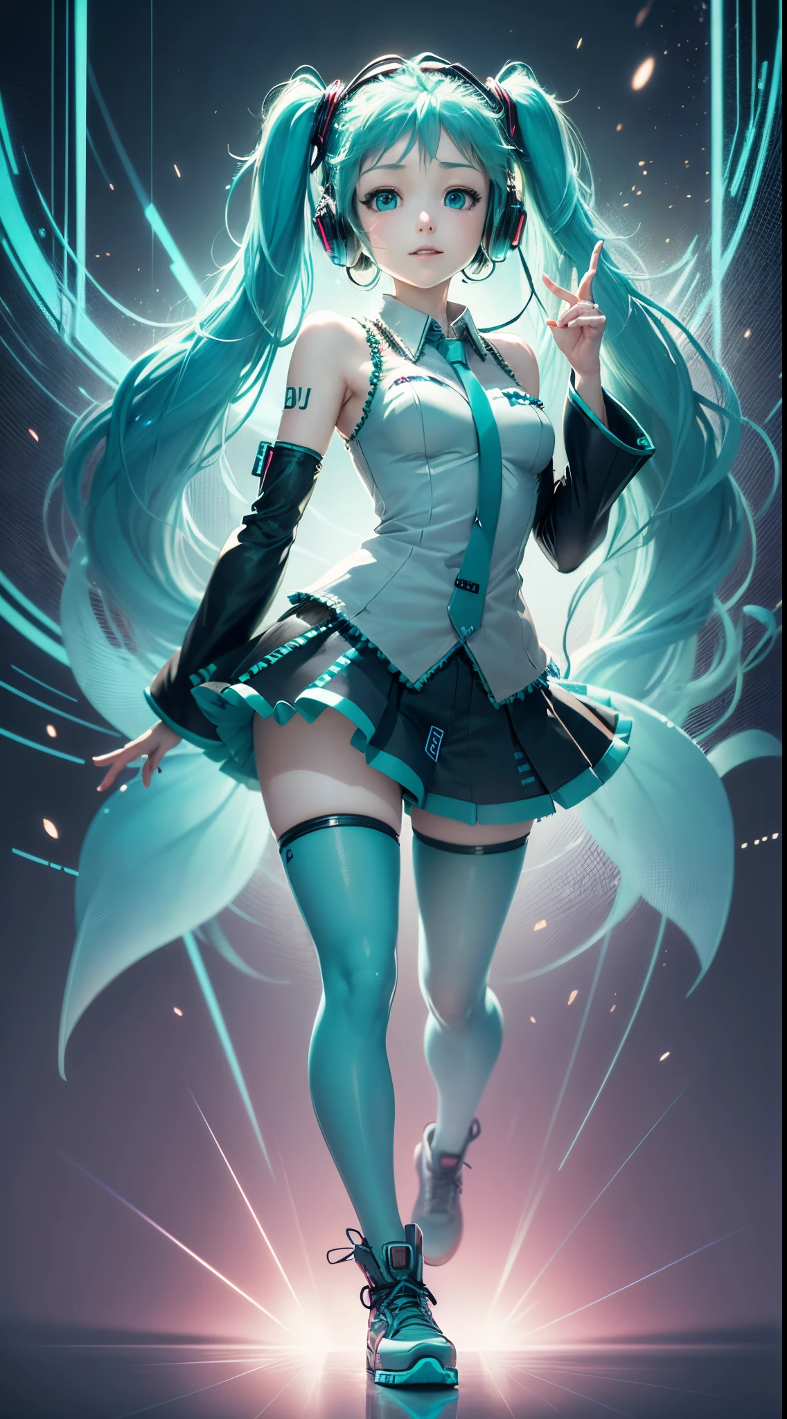 ((best illustration, anime style, full body shot, 1 girl, Hatsune Miku)), blue and turquoise hair, headphones, big blue eyes, dynamic pose, floating, ethereal background, light rays, neon lights, holographic effects.