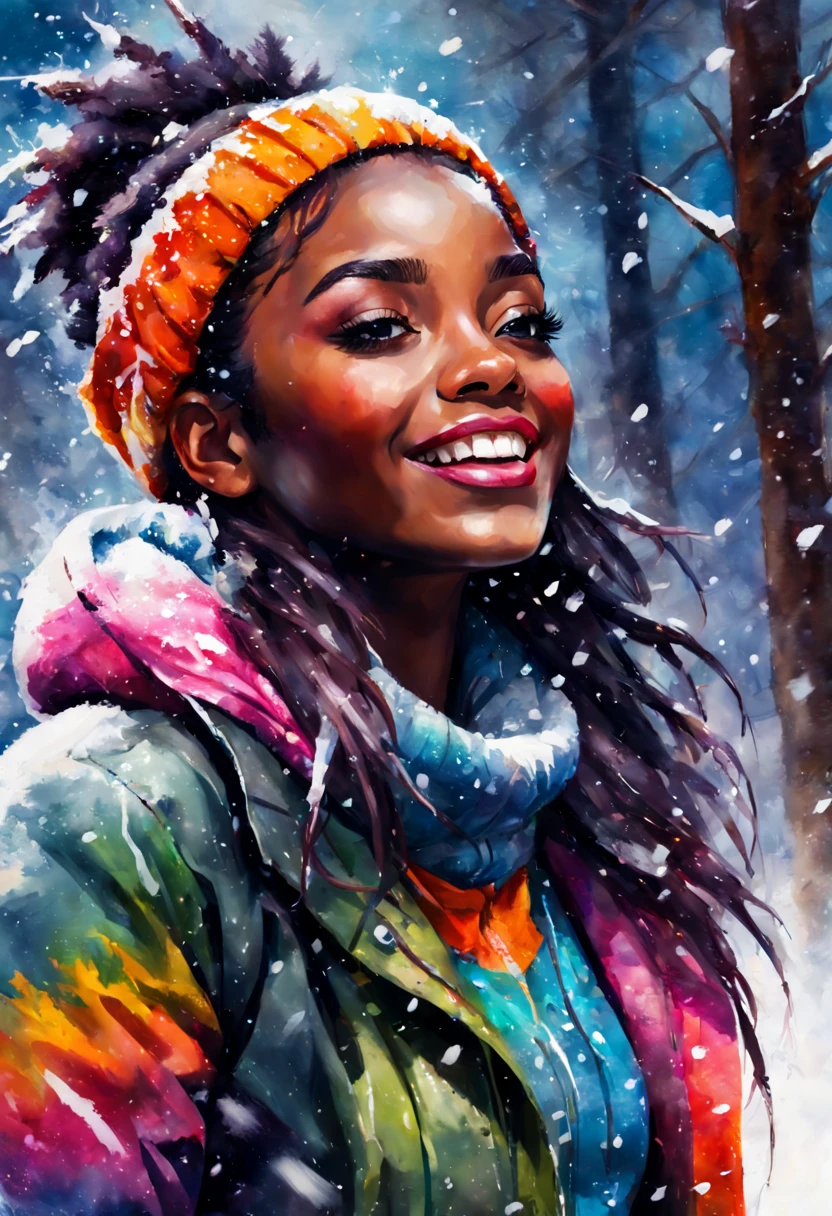 Ebony girl enjoying snowfall, colorful winter outfit stands out, energetic and lively scene.
Style by Gabriele Dell'otto, AI Midjourney, bright saturated colors, watercolor, oil paints,   HDR, 500px, 4k,