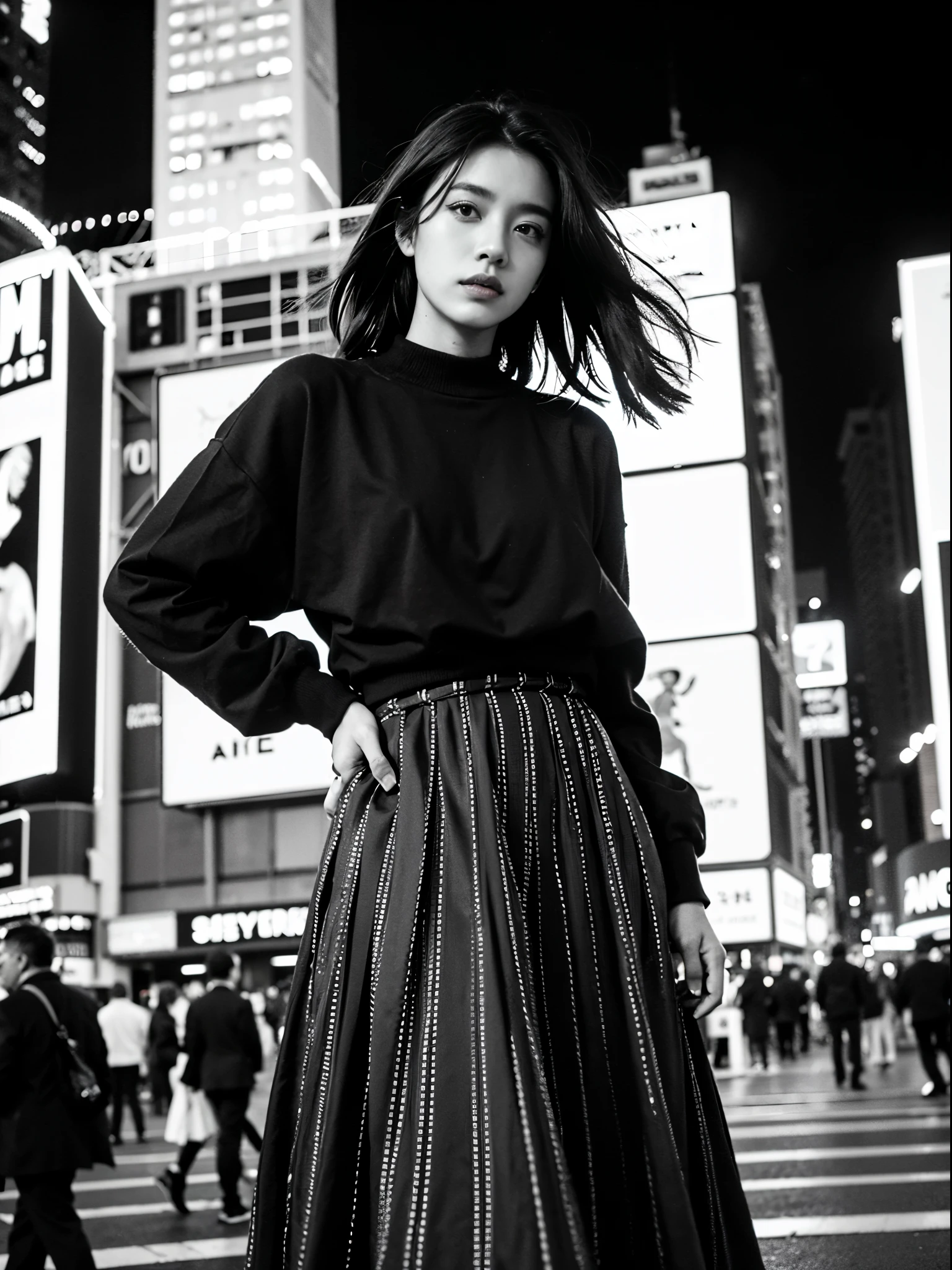 araffe woman model walking down a busy city street in a dress, a black and white photo, digital art, in time square, standing in time square, 4x5 styled street photography, street photo, street photography style, shot with hasselblad, shot on hasselblad, ((anamorphic lens)), (lens flare), in times square, street photograph, street photography, kodak 400tx, mesmerizing, ((black and white photography)), (low key)