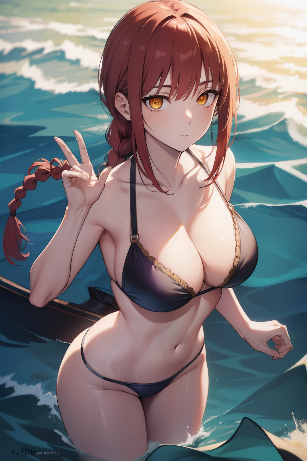 makima, makima, long hair, bangs, (large breasts:1.2), (yellow eyes:1.2), braid, red hair, braided ponytail, ringed eyes, BREAK navel, cleavage, swimsuit, collarbone, thighs, BREAK beach, sunny weather, BREAK looking at viewer, from above, BREAK (masterpiece:1.2), best quality, high resolution, unity 8k wallpaper, (illustration:0.8), (beautiful detailed eyes:1.6), extremely detailed face, perfect lighting, extremely detailed CG, (perfect hands, perfect anatomy), hands behind back