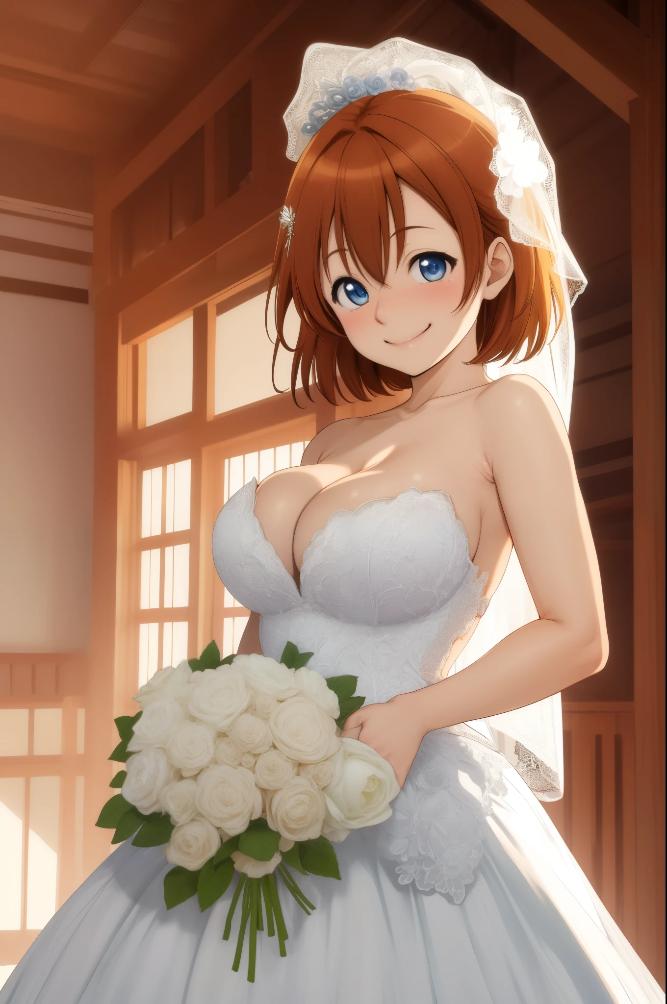 Masterpiece,best quality,Kousaka honoka, blue eyes, white wedding dress, cleavage, cowboy shot, smile