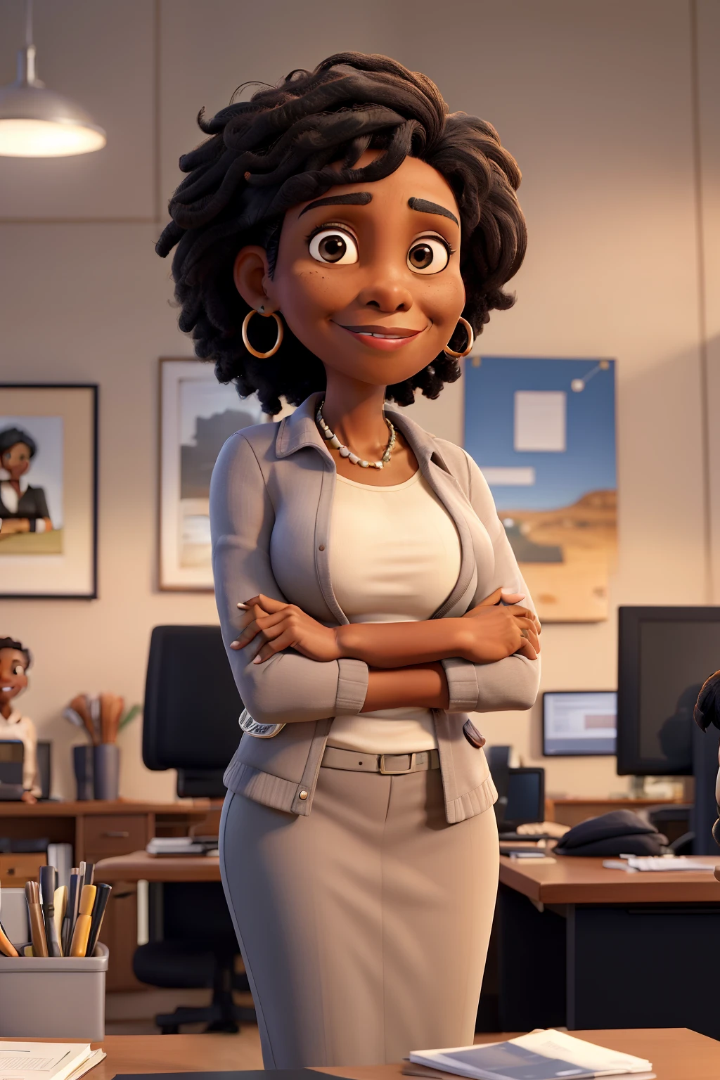masterpiece, best quality ,Portrait of mid adult successful black mature woman looking at camera with arms crossed. Smiling african american business woman standing in new office .Portrait of mature woman.