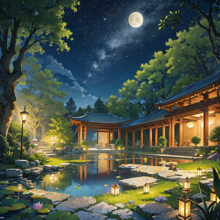 masterpiece, best quality, ultra-detailed, fine detailed, 8k, Starry sky, Full moon, large pond with water lilies, rocky area, rainforest, flower petals, ancient China, white red ruins, mythology