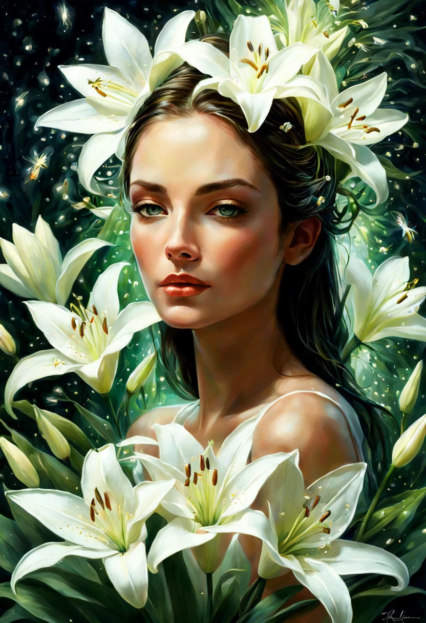 Still life digital painting of a model woman amidst beautiful white lilies, each petal detailed with filigree, surrounded by fireflies casting dynamic lighting upon the scene, invoking a green spirit with subtle glitter effects, inspired by the fantasy styles of WLOP, Greg Rutkowski, Craola, with touches reminiscent of Gabriele Dell'Otto and Bob Peake, utilizes bright rich colors akin to watercolor yet with the depth of oil paints, all captured in an HDR effect