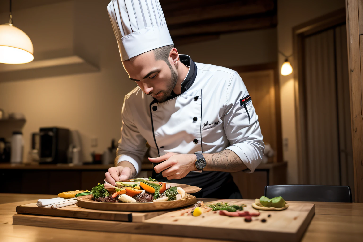 Photo photographique d&#39;un chef en action finalisant son plat le plus apprécié avec la plus grande attention et soin. Faites attention à l&#39;éclairage de la scène et à la précision mettant en scène le chef et sa création. le plat doit montrer quelques légumes