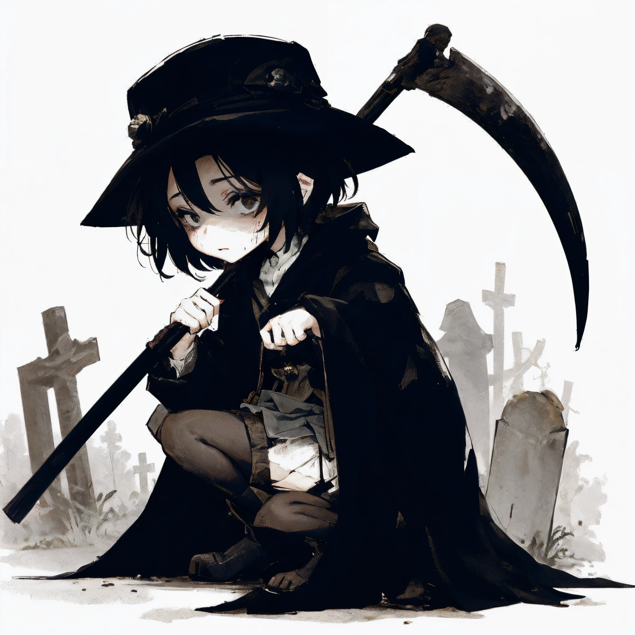 A girl in a black coat. Her eyes look bad. She has a black hat. dirty clothes. Lantern in her hand. A big sickle in her hand. mini skirt. Crouch down. Bone beast. Cemetery.