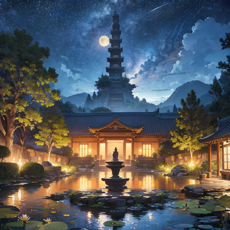 masterpiece, best quality, ultra-detailed, fine detailed, 8k, Starry sky, Full moon, large pond with water lilies, rocky area, rainforest, flower petals, ancient China, white red ruins, mythology