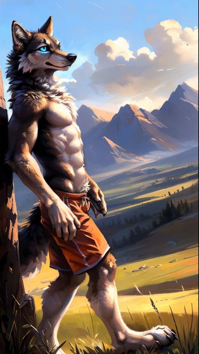 ((Solo)), male people, anthro wolf, (Multi-colored fur, White-brown:1.3,White tail pointed), (Height 2.1m,Tail length 1.2m), ((Wolf face, Big eyes, White eyelids, Blue pupil, Slim:1.2) (Tough, Calm expression:1.2)), Abs, Slim, pinging)), (Correct anatomy), (Work shorts:1.1), The upper body is naked, (detailed outfits),A long big tail,Feet,(Realistic fur, Detailed fur texture, labeled:1.3)), (Natural lighting), Photorealistic, Hyperrealistic, ultradetailed, by Kenket,Endless grasslands,There are no trees,There are no big stones,No artificiality,erect through,Running on