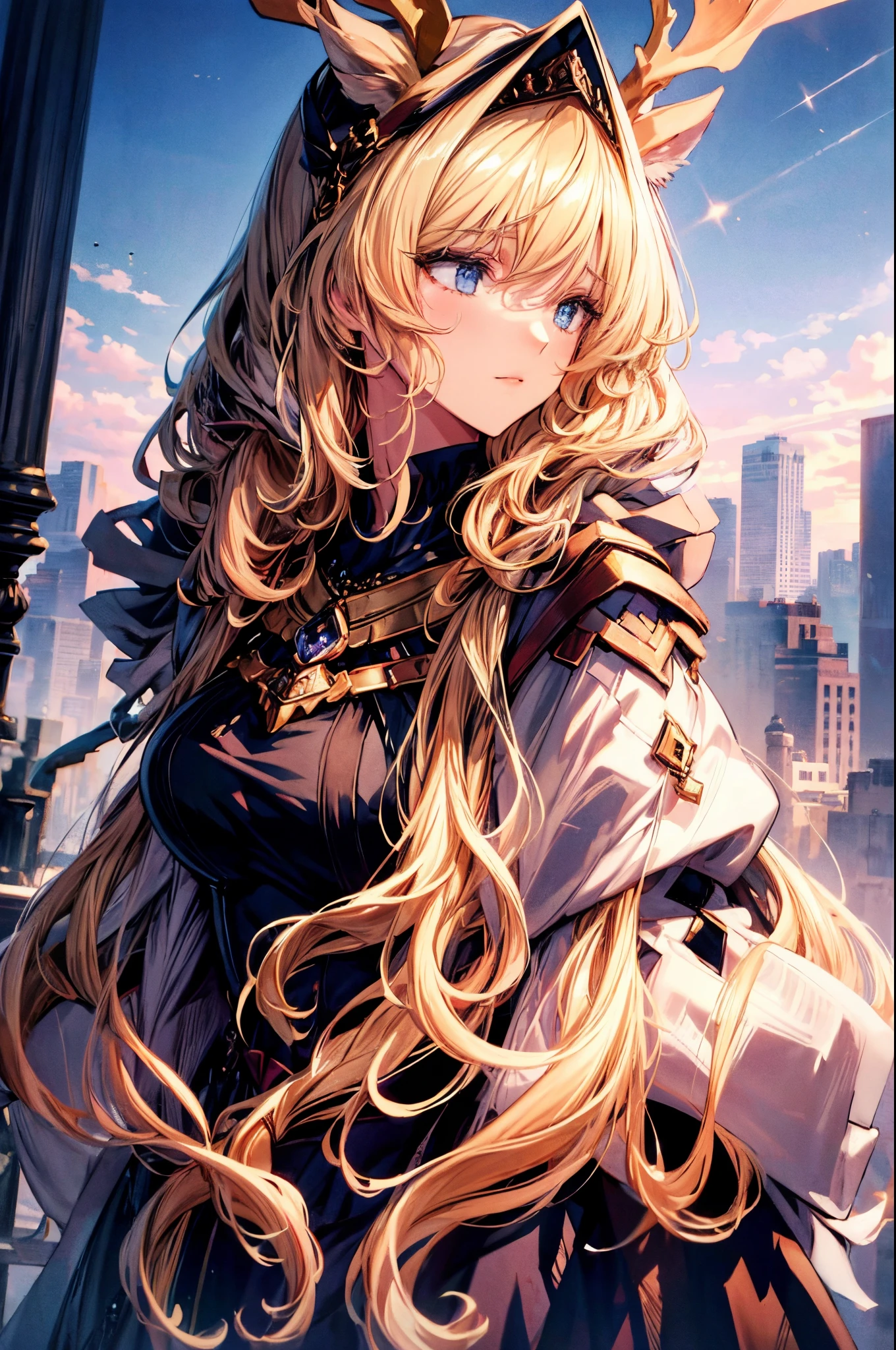 (Best quality at best, 4K, 8K, A high resolution, tmasterpiece:1.2), ultra - detailed, Noble maiden, exquisite facial features，Long blonde curly hair details expressed, Beautiful posture, Fantastical Atmosphere, expressive brush strokes, mystical ambiance, Artistic interpretation,Delicate curls，Detailed floral jewelry, Crystal diamond jewelry，Small fresh aesthetics，Stunning intricate costumes, Fantasy illustration, Subtle colors and tones, The details have been upgraded