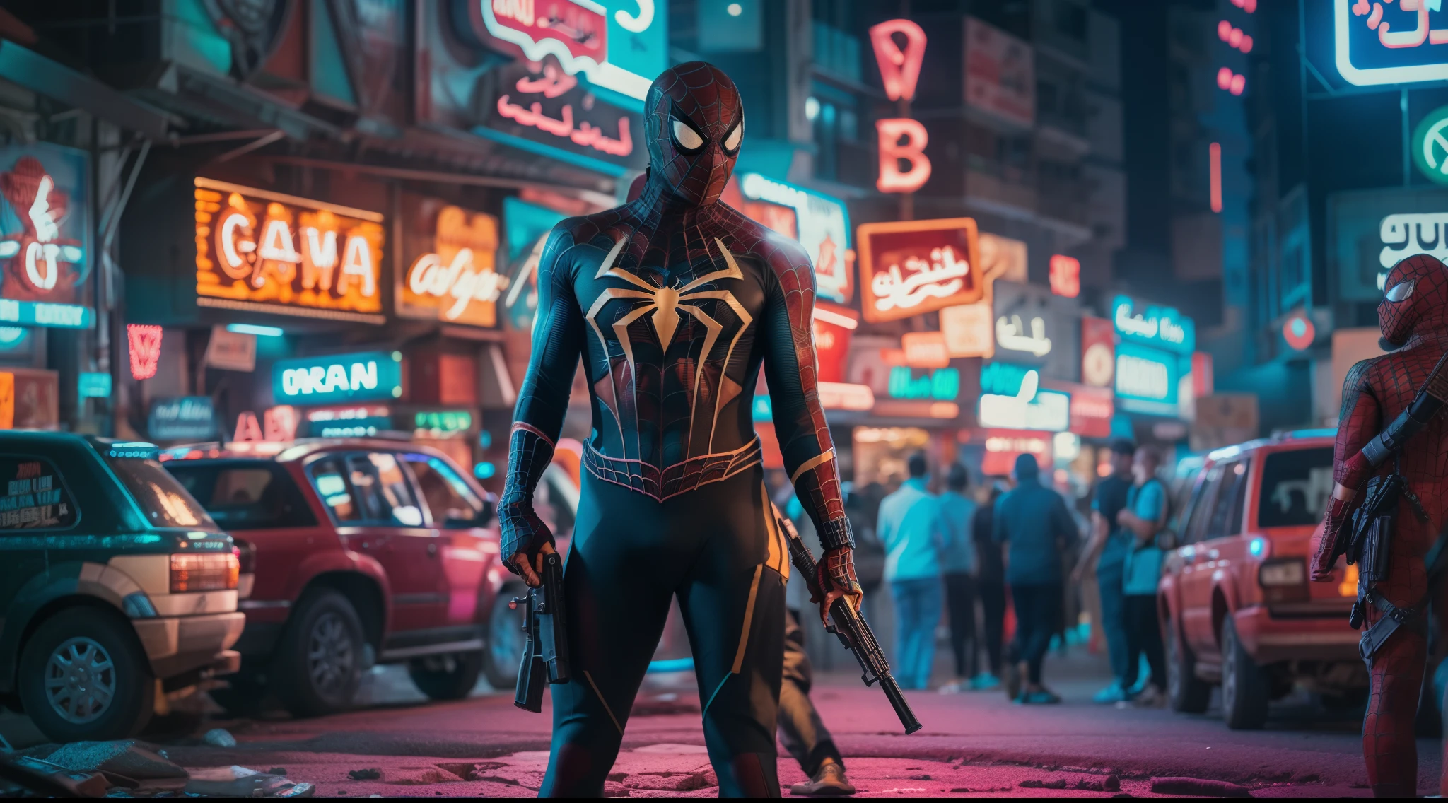 a spiderman in rambo outfit standing in front of a bustling crowded arab neon city street holding ak-47 rifle, arabic neon sign, night, serious face, nighttime, ultra detail , hyper - realistic photography, full body, 8k, close - up shot, extreme close - up photo