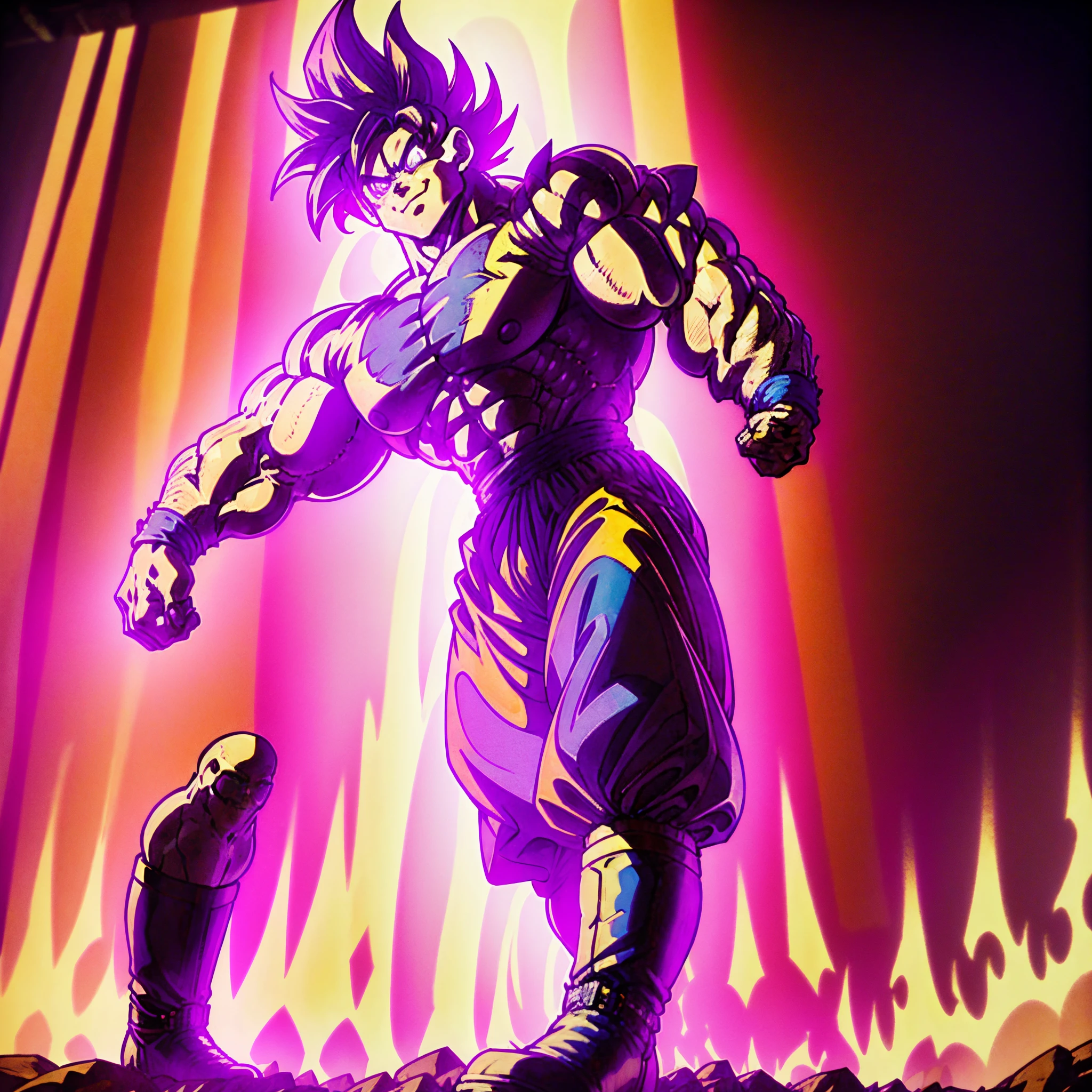 masterpiece, best quality, 1boy, (goku), short hair, black hair, black eyes,  blue boots, orange clothes, training, standing, smiling, angry face, aura power, night, natural light,standing, angry eyes,  smiling, black hair, male focus, strong muscles, movie composition, deth of field, bokeh, (futuristic), (full body), big aura different colours,