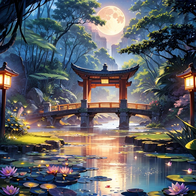 masterpiece, best quality, ultra-detailed, fine detailed, 8k, Starry sky, Full moon, large pond with water lilies, rocky area, rainforest, flower petals, ancient China, white red ruins, red bridge, mythology