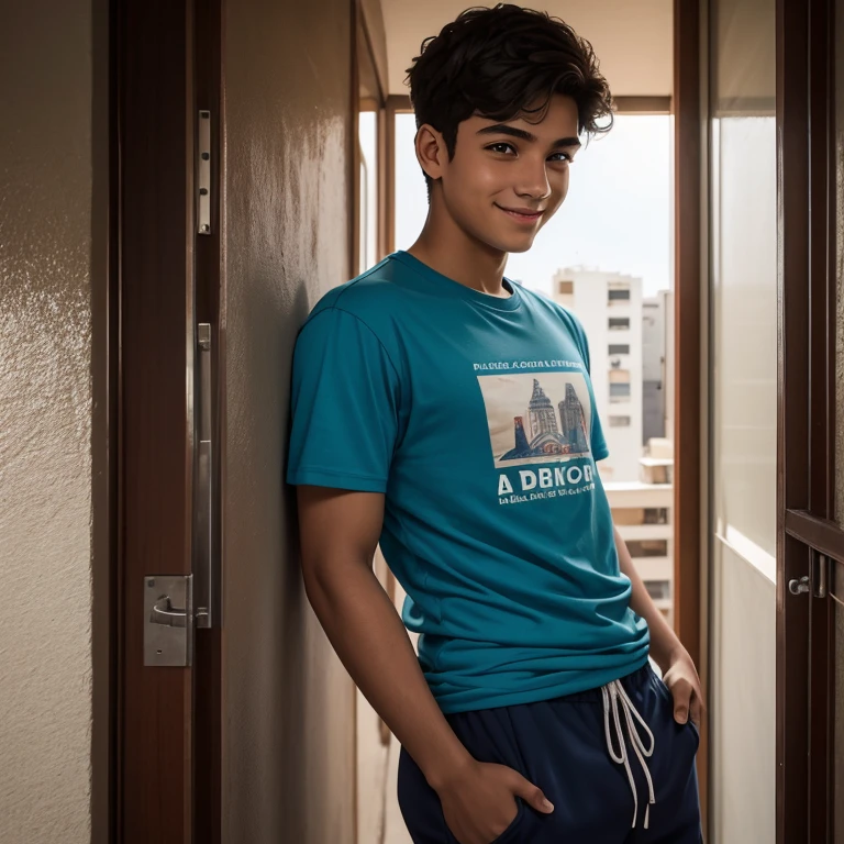 20 year old boy ,USANDO UNA CAMISETA Y SHORT,SENTANDO EN LA AZOTEA DE UN EDIFICIO,MIRANDO AL CIELO,BRAZILIAN ORIGIN ,PIEL MORENA,SONRIENDO.