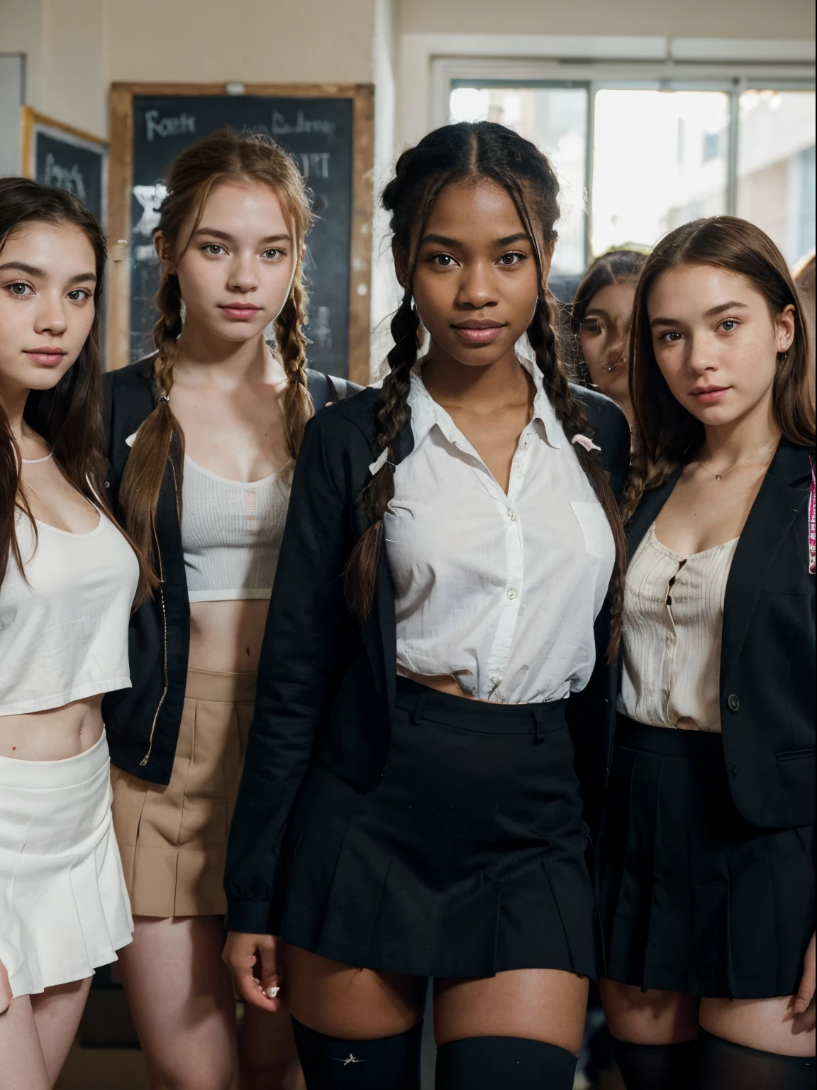 (best quality), (masterpiece:1.2), wide angle photo, full body photo, group photo, 5 young girls, 16 years oles, innocent faces, skin imperfections, acne, perfect ruby lips, smiling wistfully, diverse ethicities: ebony, black, white, nordic, indian, diverse hair colors: redhead, blonde, afro, twin braids, heavy freckles, pale skin, makeup, earings, crowded classroom, morning, school, crowd of people, school uniforms, unbottoned blue shirts, nipple slip, tight shirt, miniskirts, black stockings, open jacket, sexy neckline, large neckline, 16k, photorealistic, real photo, nikon d800