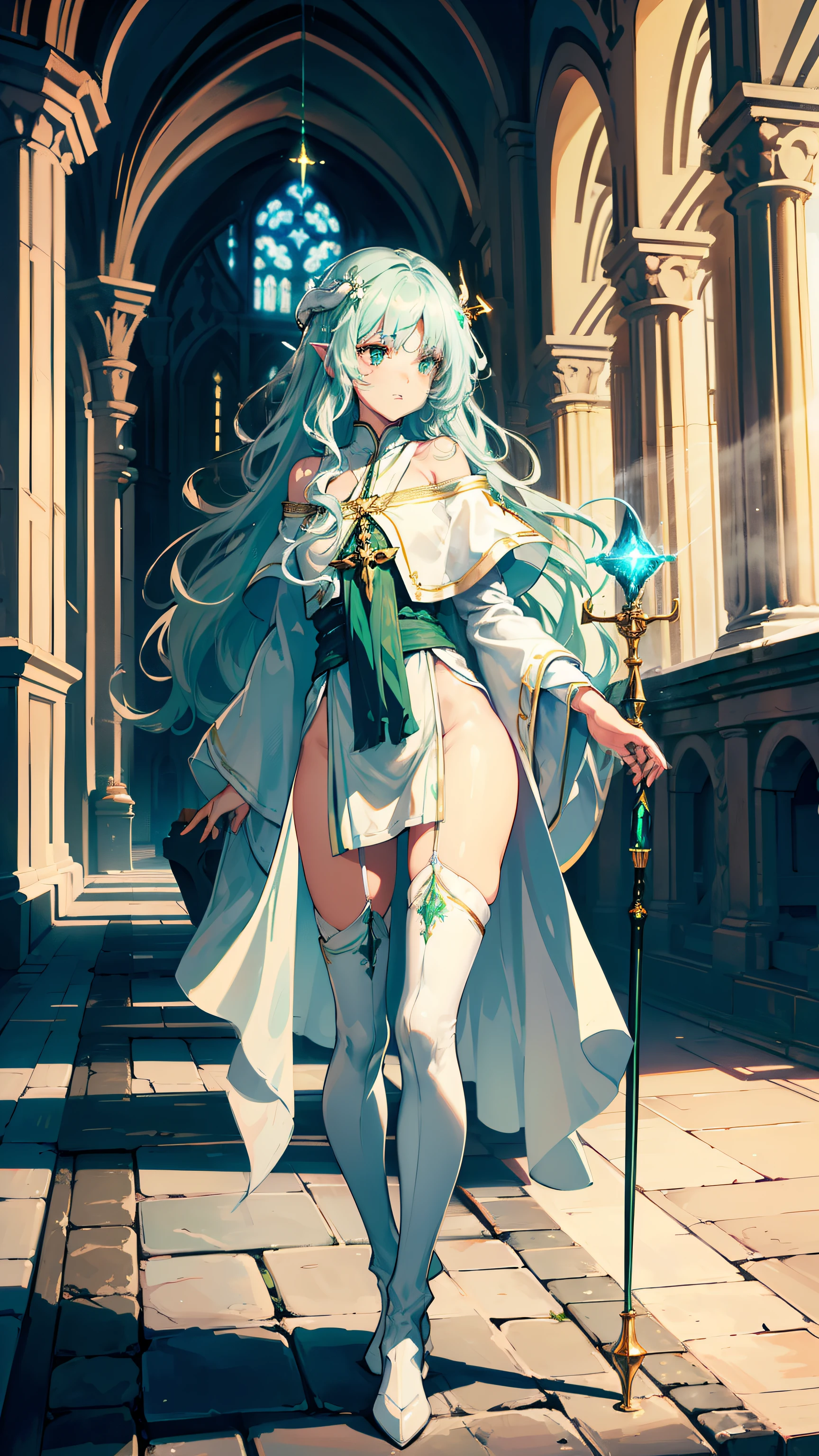 masterpiece, ultra detailed, 8k portrait, RAW photo, portrait photography, Highly detailed face, beautiful and meticulous eyes, ((Fantasy)), Young beautiful, (((Female priest))), ((light blue Wavy long hair)), Gentle face, White skin, (((green and white silk priest robes))) Fluttering in the wind, short pants, Leather boots, (((((spread legs standing))))), ((((equip a magic wand)))), Midday Sun, Hyper realistic, Body model, Small breasts, Beautiful breasts, Long legs, In the church of the Middle Ages, Ambient lighting, Shadow details, Camera focus on face, strong breeze, Light fog