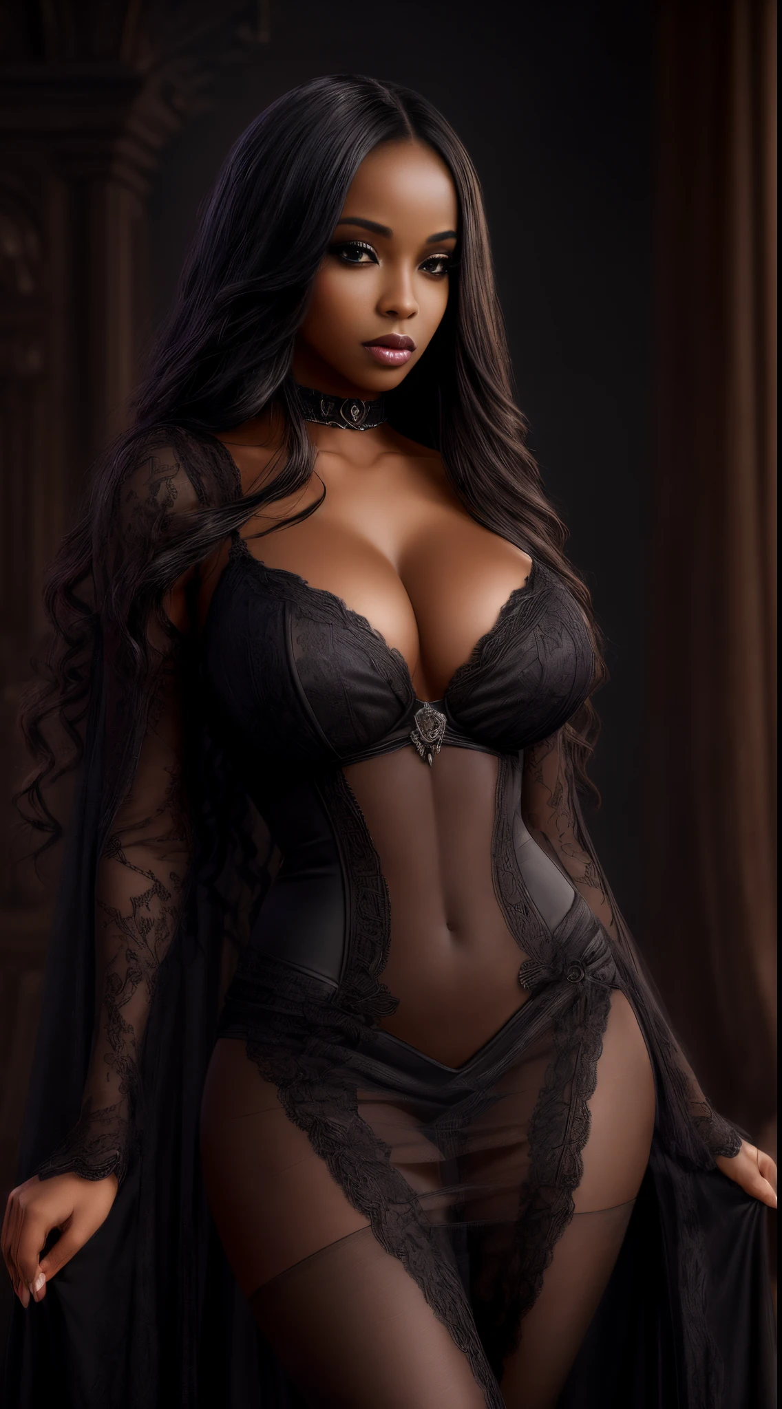 (best quality, 4k, 8k, highres, masterpiece:1.2), ultra-detailed, (realistic,photorealistic,photo-realistic:1.37), gorgeous light skin black woman, vampire, seductive gaze, elegant posture, gothic background, sensual beauty, gothic fashion, ripoed black gothic mini gown, pantyhose, dark colors, moody lighting, full body pose