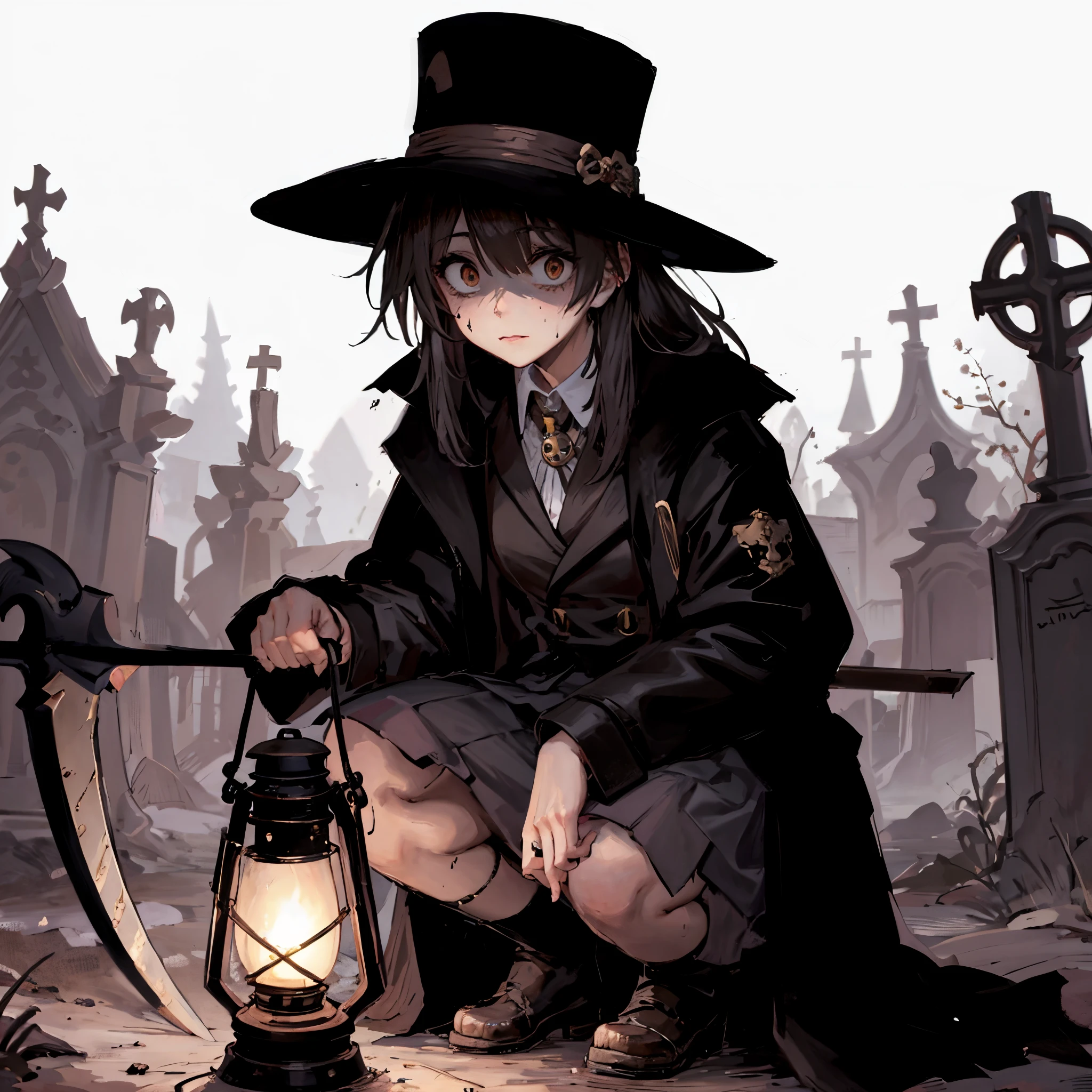 A girl in a black coat. Her eyes look bad. She has a black hat. dirty clothes. Lantern in her hand. A big sickle in her hand. mini skirt. Crouch down. Bone beast. Cemetery.