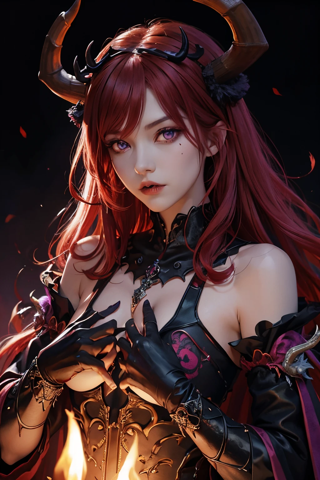 Demon King in Hell,Red-Haired,purple eyes,It has purple twisted horns.,crown made of bone,Black outfit with a deer skull on the chest, red eyes and purple antlers.,Armbands and gloves made of bone