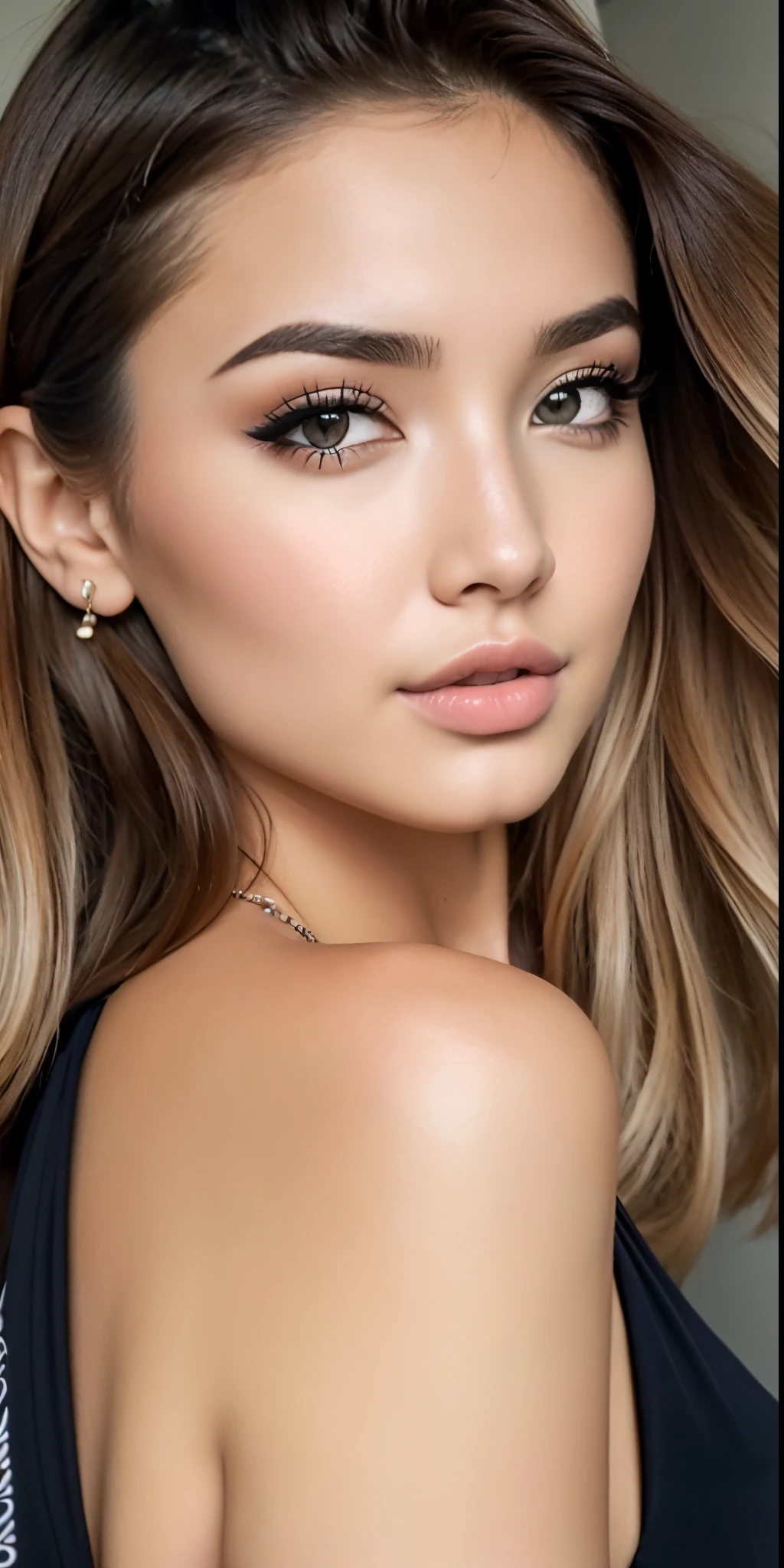 um close up de uma mulher com cabelos longos usando um vestido preto, Pokimane, Retrato Sophie Mudd, Retocado no Photoshop, rosto bonito fotorrealista, beleza de cair o queixo, Gemma Chan Retrato da menina, rosto bonito hiperrealista, retoque profissional, rosto extremamente bonito, Cara Sexy, beleza de cair o queixo, foto retrato suave 8 k, feito com photoshop