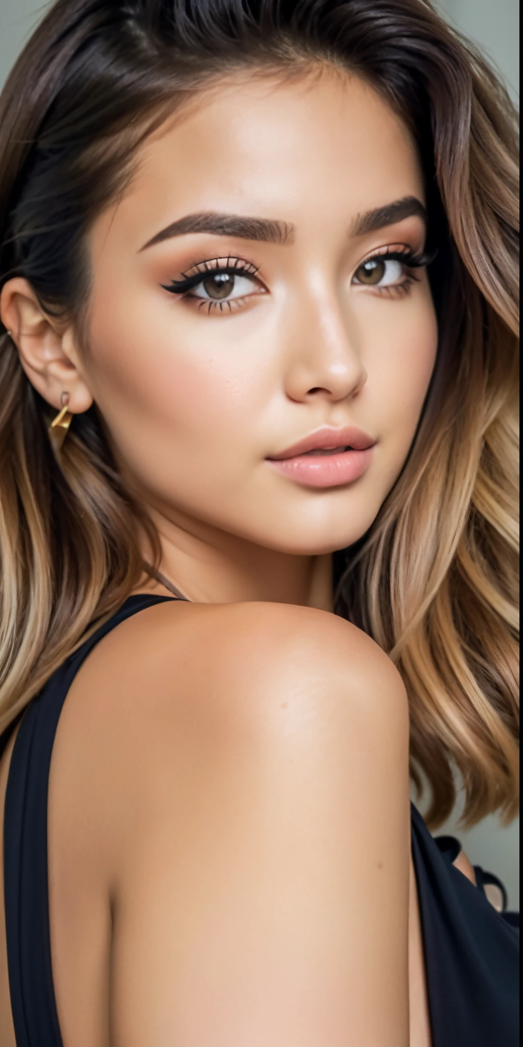 um close up de uma mulher com cabelos longos usando um vestido preto, Pokimane, Retrato Sophie Mudd, Retocado no Photoshop, rosto bonito fotorrealista, beleza de cair o queixo, Gemma Chan Retrato da , rosto bonito hiperrealista, retoque profissional, rosto extremamente bonito, Cara Sexy, beleza de cair o queixo, foto retrato suave 8 k, feito com photoshop