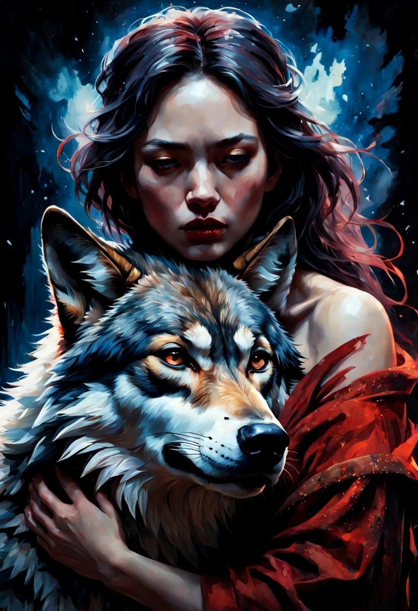 Best quality cinematic painting of a beautiful woman in deep embrace with her wolf companion, both with open eyes, set against a dark background, capturing a deeply emotional moment, dynamic angle highlighting detailed fur texture, invoking the styles of Jeremy Mann, Stephen Grammell and Aykut Aydoğdu, incorporating elements of futurism and modern sci-fi, with the hyperrealistic and dark art traits of James Jean and Takato Yamamoto, rendered in Unreal Engine quality akin to creations by
RTX, 4k, Gabriele Dell'otto, AI Midjourney, bright saturated colors, watercolor, oil paints, HDR, 500px, 4k