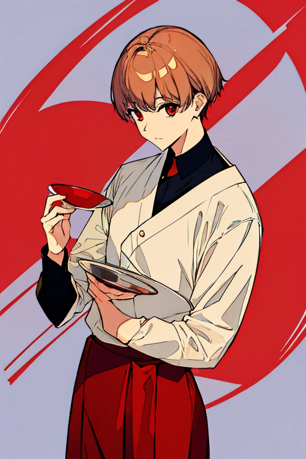 One guy、Red Eyes、light beige short hair、Character inspired by Peperoncino、Plain and strict personality、Waiter's clothes、Standing Picture