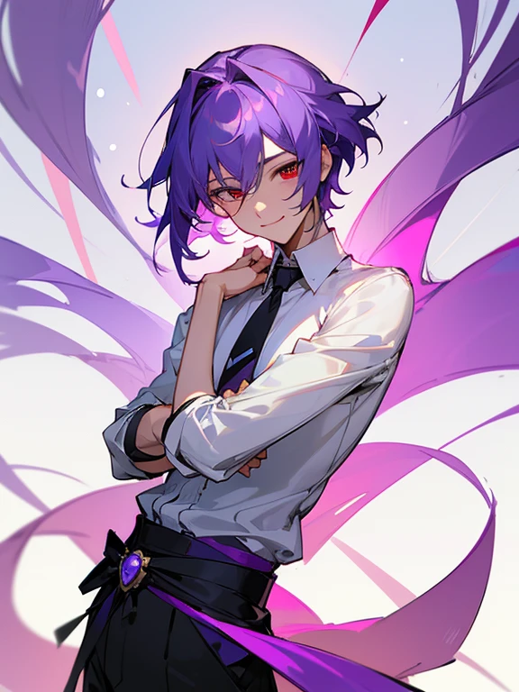 Ultra Detail,Haig Quality,sketch,1boy,matured male,Beautiful face,Purple hair,Handsome men,Pearl skin,White shirt,Red Eyes,Like a cat's eye,Male ager,Project Sekai、Proseca、Smiling、Draw the body from head to waist、Standing、Please try talking、looking sideways、Divine Generation
