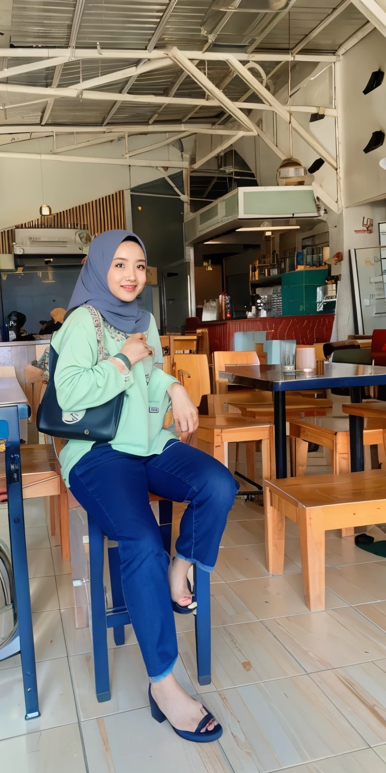 there is a woman sitting on a chair in a restaurant, sitting in a cafe, sitting in a cafe alone, sitting alone in a cafe, in a bright cafe, standing in a restaurant, in a coffee shop, sitting down casually, shot with sigma f / 4. 2, shot with sigma f/ 4.2, casual pose, taken with canon 8 0 d, wearing hijab