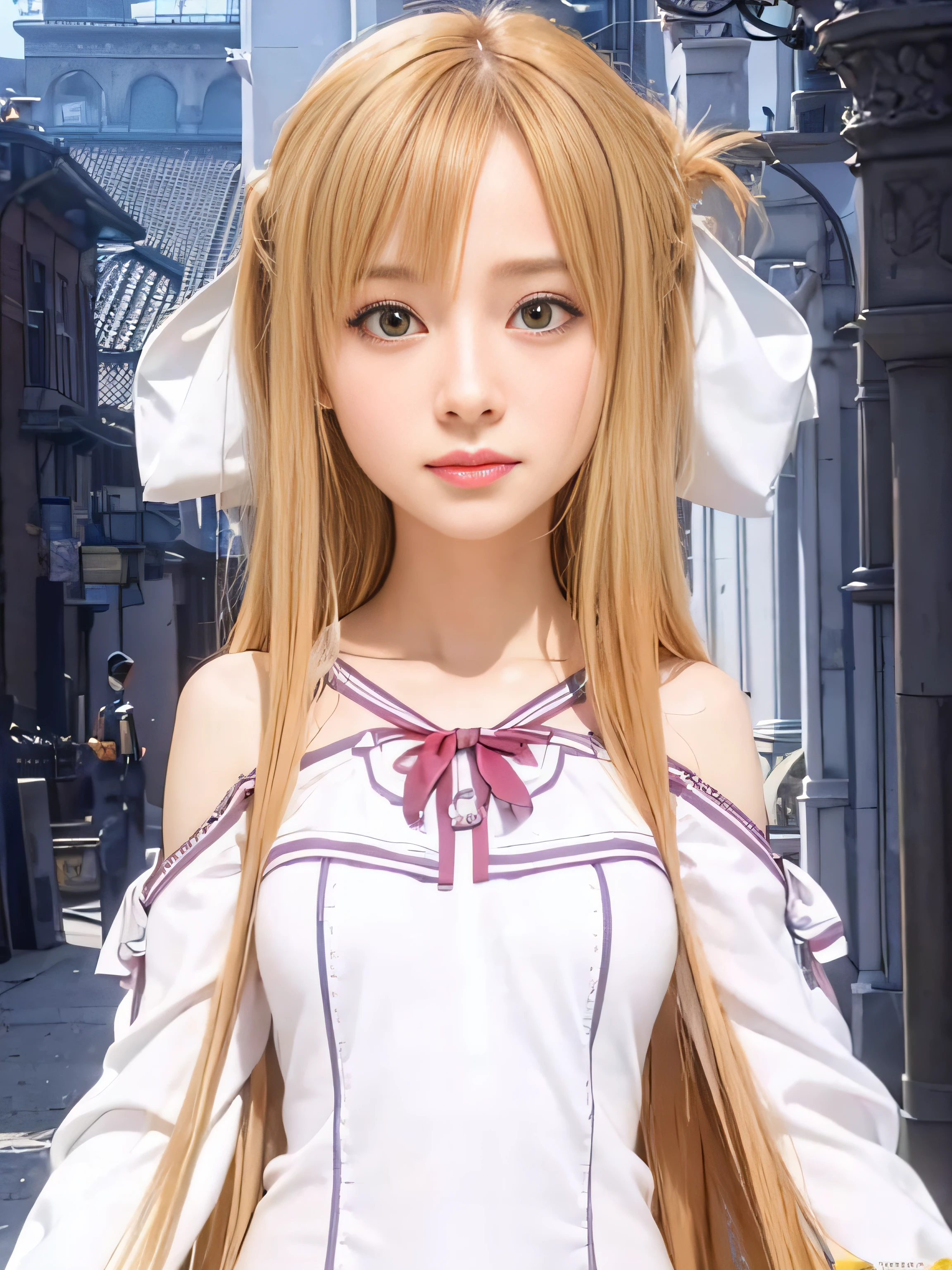 masterpiece, best quality, (realistic, photo-realistic:1.4), (RAW photo:1.2), extremely detailed CG unity 8k wallpaper, delicate and beautiful, amazing, finely detail, official art, absurdres, incredibly absurdres, huge filesize, ultra-detailed, extremely detailed, extremely detailed girl, extremely detailed eyes and face, light on face,little smile,caramel hair,caramel eyes,long hair,garden,hair ribbon,asuna yuuki,hair ornament