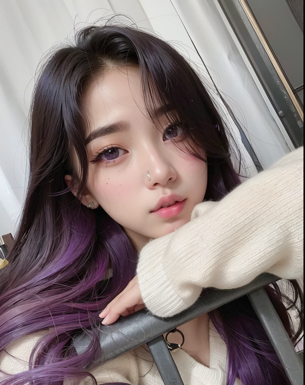 um close up de uma mulher com cabelo longo e cabelo roxo, Ulzzang, menina coreana, Sakimichan, pale skin and purple eyes, cruel korean goth girl, Retrato Jisoo Blackpink, com cabelos longos e olhos penetrantes, dilraba dilmurat, wan adorable korean face, with vivid purple eyes, Jinyoung Canela, Jisoo do Blackpink, 18 anos