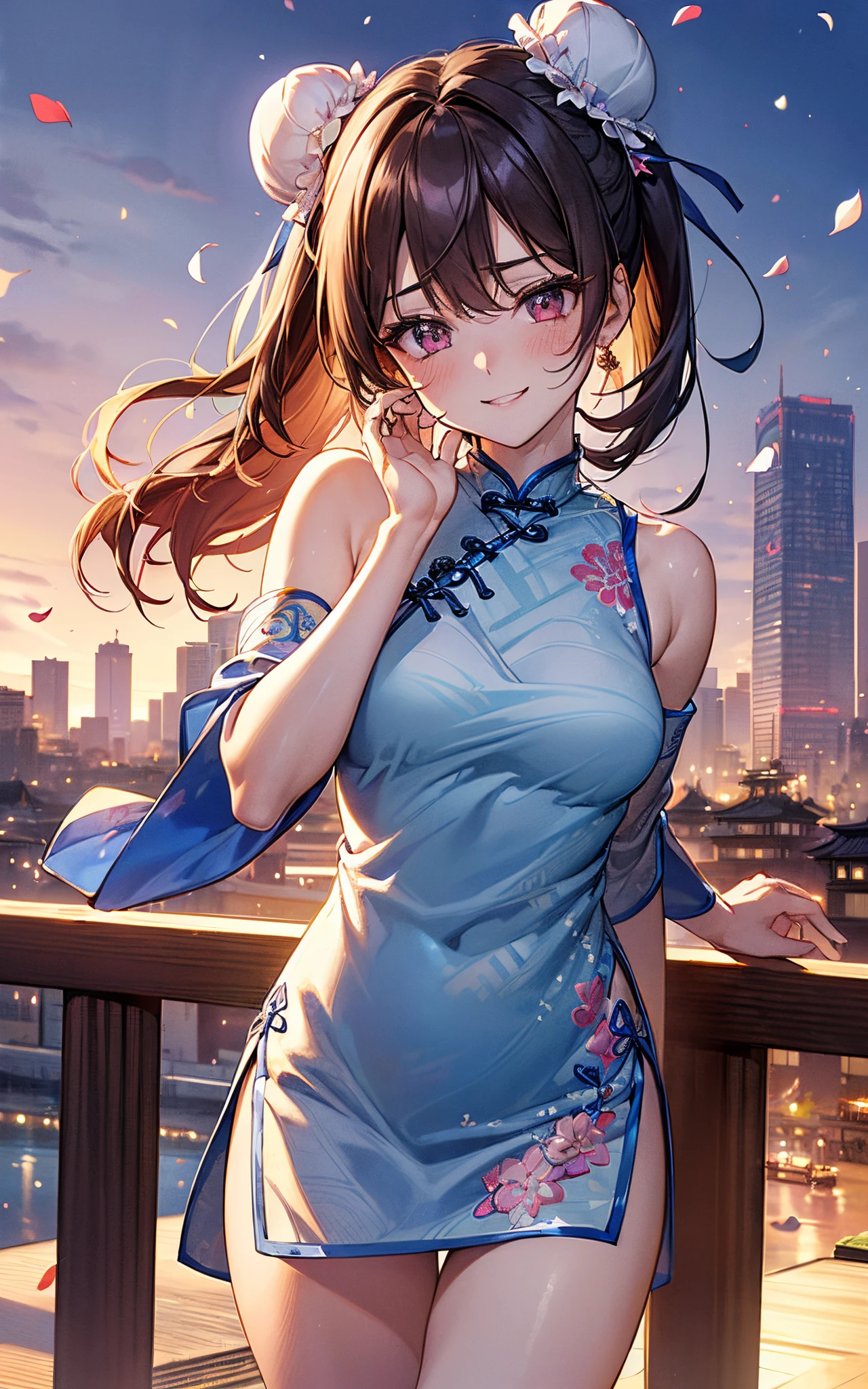 top-quality、hight resolution、super precision、masterpiece、8K、(1人の女性)、(((extra detailed face)))、8 head body、Fateful meeting、
(Composition seen from an oblique front)、(((Daytime cityscape)))、(Downtown Japan)、(Petals are fluttering)、(Crowds)、kawaii、 ((Bun hair))、(Floral hair ornament)、((Bright smile))、
red blush、Sareme、(((big light in my eyes)))、Eyes sparkle、Wet eyes、
Colorful、Fine skin、 (((beautiful blue cheongsam)))、(delicate flower embroidery)、off shoulders、thighs thighs thighs thighs、Beautie、Refers to 5、