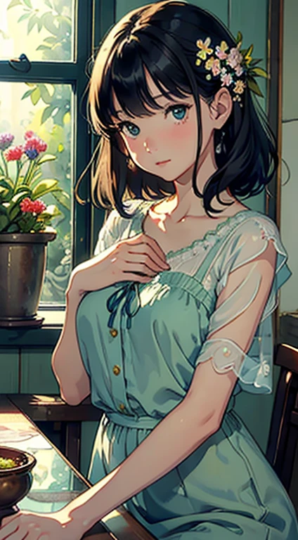 ((Watercolor in Sargent style))、(top-quality、masterpiece)、超A high resolution、high-detail、(David Hamilton Style)、(softfocus)、Soft light、1人の女性、20yr old、taking care of flowers、classic one piece uniform、A stunning、Short black hair、Bunching hair、Crisp face、cute face、(detailed face depiction)、Detailed eyes、Medium-sized breasts、The store sells green plants, The main entrance is glazed., The windows are made of glass, On the window shelves there are potted plants and flowers、Quiet moments、Vintage atmosphere、Fascinating beauty、Lush green environment、Side table、Flowers on the windowsill、teapot、florals、houseplant、