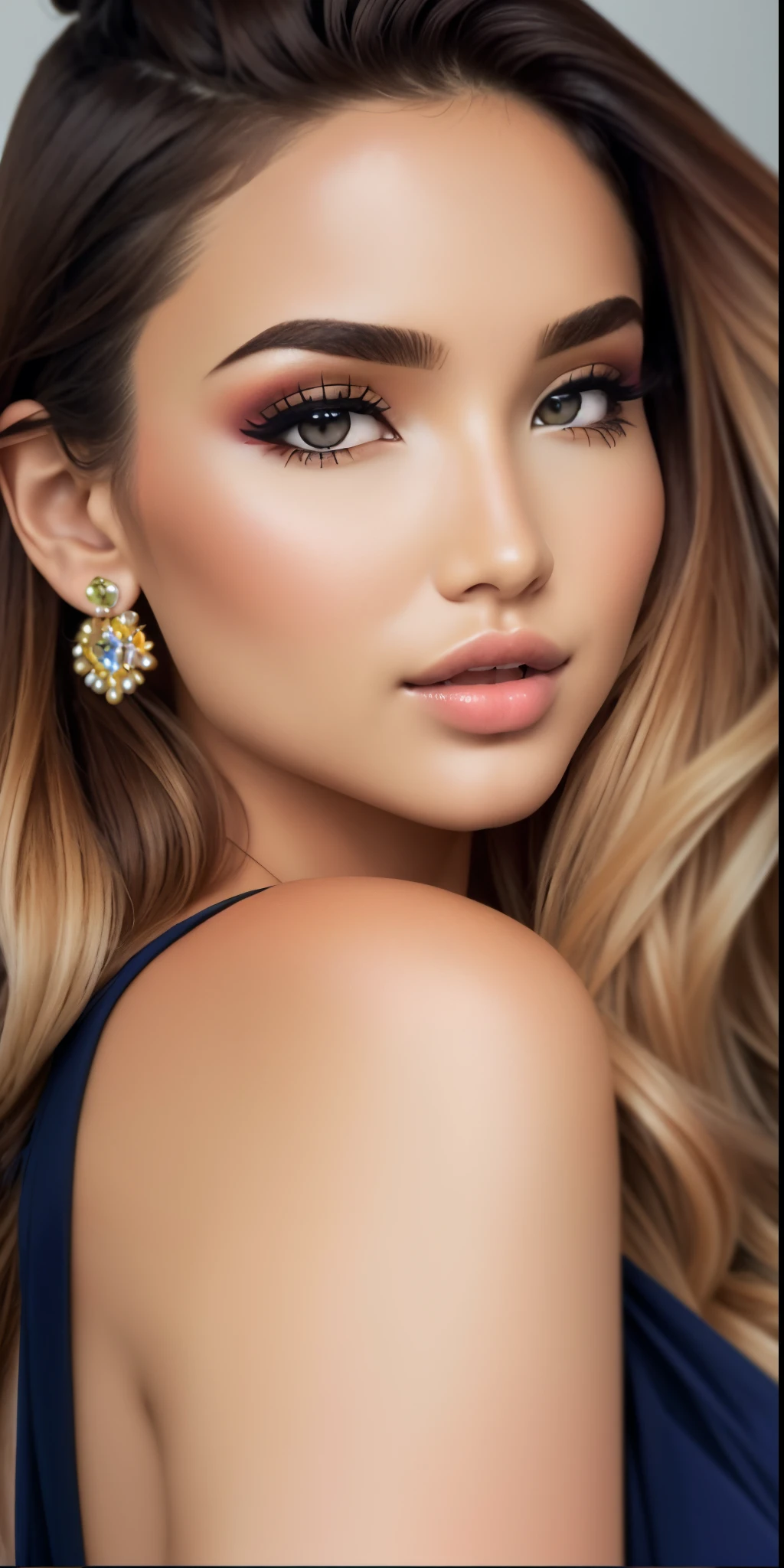 um close up de uma mulher com cabelos longos usando um vestido preto, Pokimane, Retrato Sophie Mudd, Retocado no Photoshop, rosto bonito fotorrealista, beleza de cair o queixo, Gemma Chan Retrato da ******, rosto bonito hiperrealista, retoque profissional, rosto extremamente bonito, Cara Sexy, beleza de cair o queixo, foto retrato suave 8 k, feito com photoshop