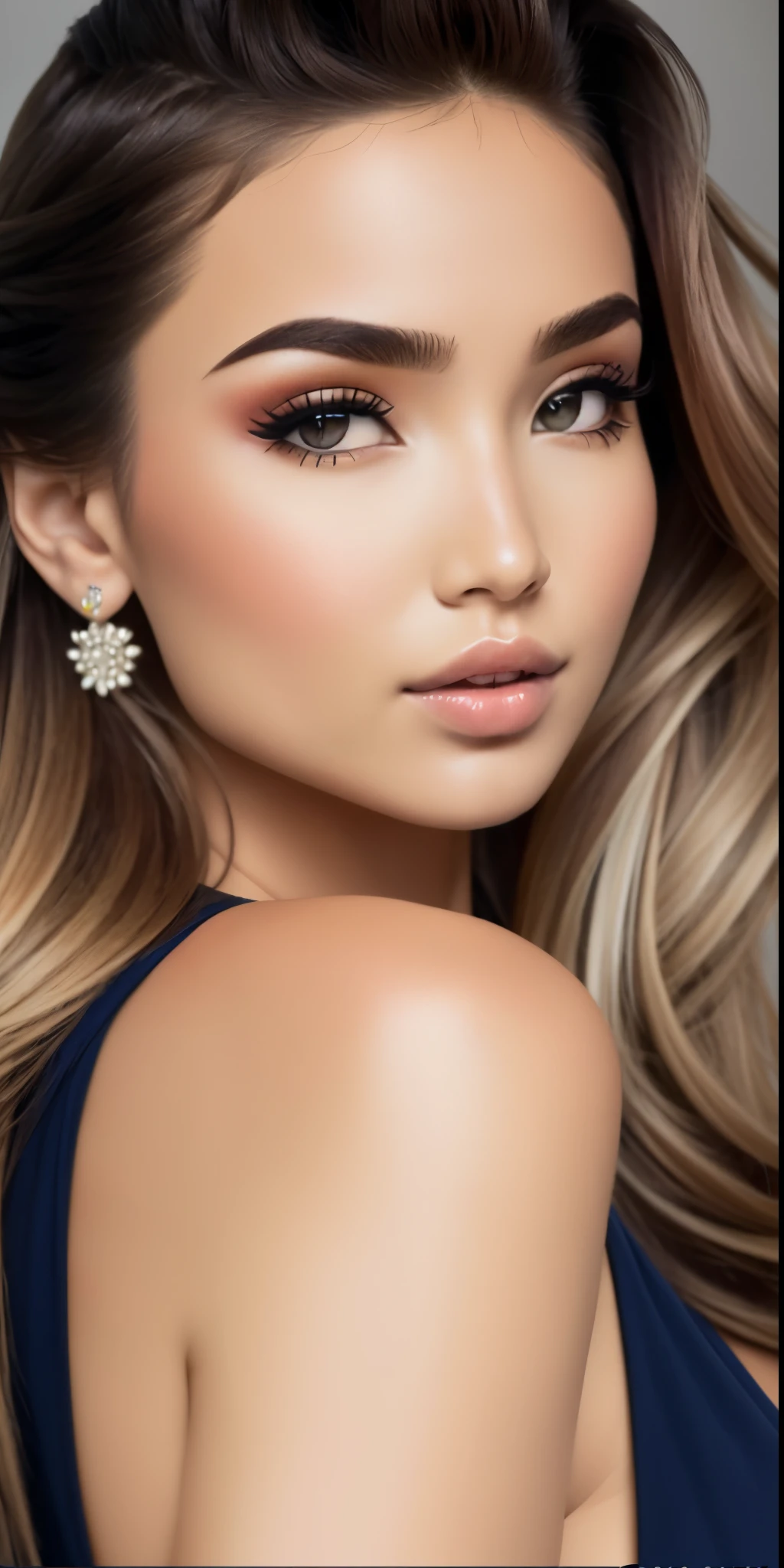 um close up de uma mulher com cabelos longos usando um vestido preto, Pokimane, Retrato Sophie Mudd, Retocado no Photoshop, rosto bonito fotorrealista, beleza de cair o queixo, Gemma Chan Retrato da ******, rosto bonito hiperrealista, retoque profissional, rosto extremamente bonito, Cara Sexy, beleza de cair o queixo, foto retrato suave 8 k, feito com photoshop