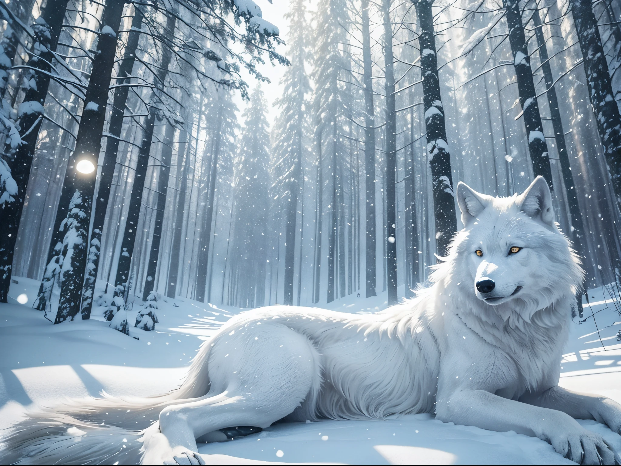 white wolf , relaxing in a forest, winter snow falling and glistening, wolf laid down in snow forest, good winter glowing light.