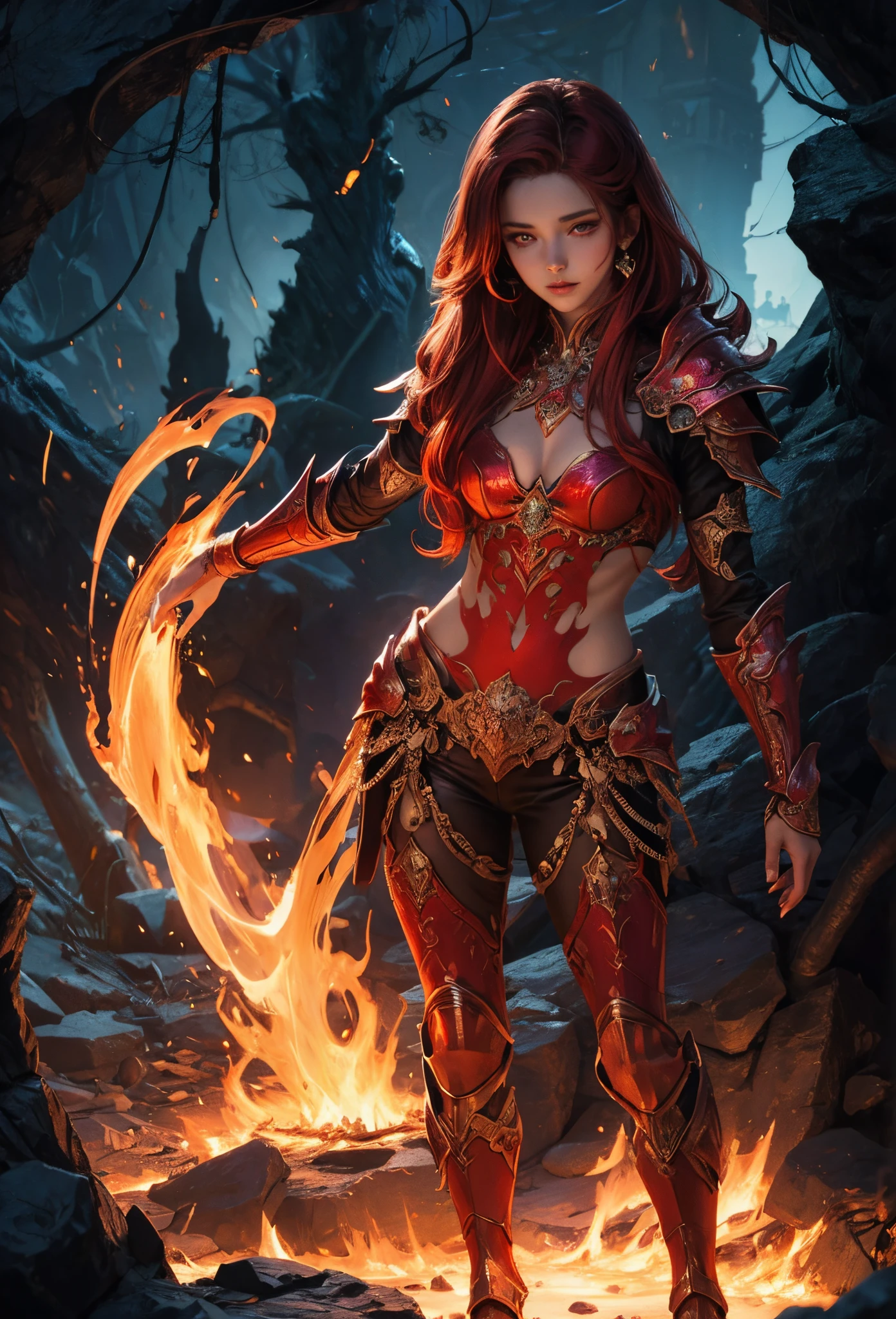 (Detailed illustrations,Very detailed and detailed drawing,Delicate lines with slow and rapid,Realistic texture expression),[Color tressed main line],[Lava cave background [Hot hell:0.4]],HENAI ANIME (Red-skinned DemonGirl 19 years old slender muscular) Flame hair (Devil's Knight:0.8),(Bone armor [crack in the chest:0.6] [Blade of Fresh Blood:0.4]) (edg),[[Dark Fantasy]],(Intricate and beautiful decoration [Dense detail]),(Fine and beautiful skin expression [Transparency]),[Perfect eye details (Iris beautifully drawn in every detail)[Jewel-like eyes]],[long and beautiful eyelashes],[Meticulously drawn hair [More on beautiful and shiny hair]],(Perfect hand details [Beautiful fingers without breakdowns [Beautiful nails]]),(Perfect Anatomy (Perfectly proportioned)) [[Full body like]],[Ideal color coordination(Accurate simulation of light-material interactions)],(HighQuality,[Precision Detail] hight resolution,(detaileds,high-detail)),[Visual art that conveys a sense of narrative].