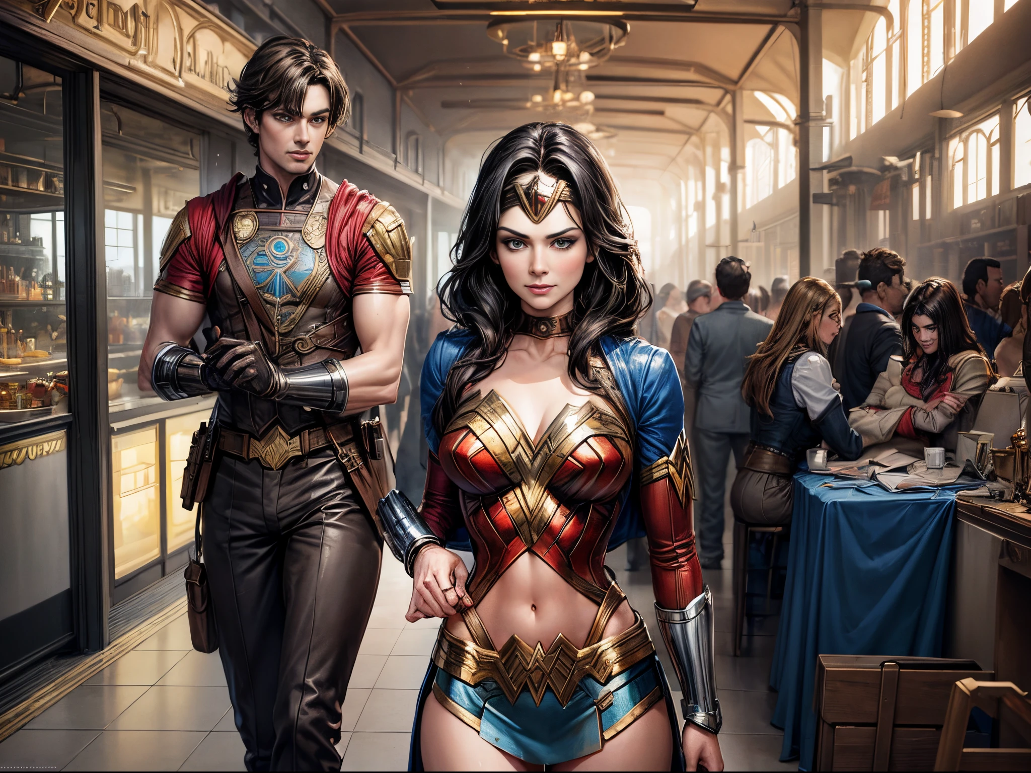 Absurd resolution, high resolution, (masterpiece: 1.4), super detail, ((over-sized conference room:1.3)), room is filled with monitors, ((a group of men in suits:1.3)), standing and seating, all looking at the big monitor, monitor showing a wonder woman only, very shocked and surprised expressions, ((wonder woman, (intricate details, makeup), (delicate and beautiful delicate face, delicate and beautiful delicate eyes, perfectly proportioned face), (shiny skin: 1.0), delicate skin, strong and realistic blue eyes, realistic black hair, lips, makeup, natural skin texture, tiara, jewelry, star \(symbol\), leotard, silver bracelet, red knee-high boots, golden belt, (public clothing: 1.5), bare shoulders, Slightly sunburned, mature, sexy, elastic muscles, (muscles: 1.2), ((strong and healthy body)), ((((more) muscles))), long legs, curves, (big breasts: 1.3), cleavage, thin waist, soft waist, (delicate skin), (beautiful and sexy woman), (swollen lips: 0.9), (eyelashes: 1.2), very delicate muscles, perfect body, perfect anatomy)),