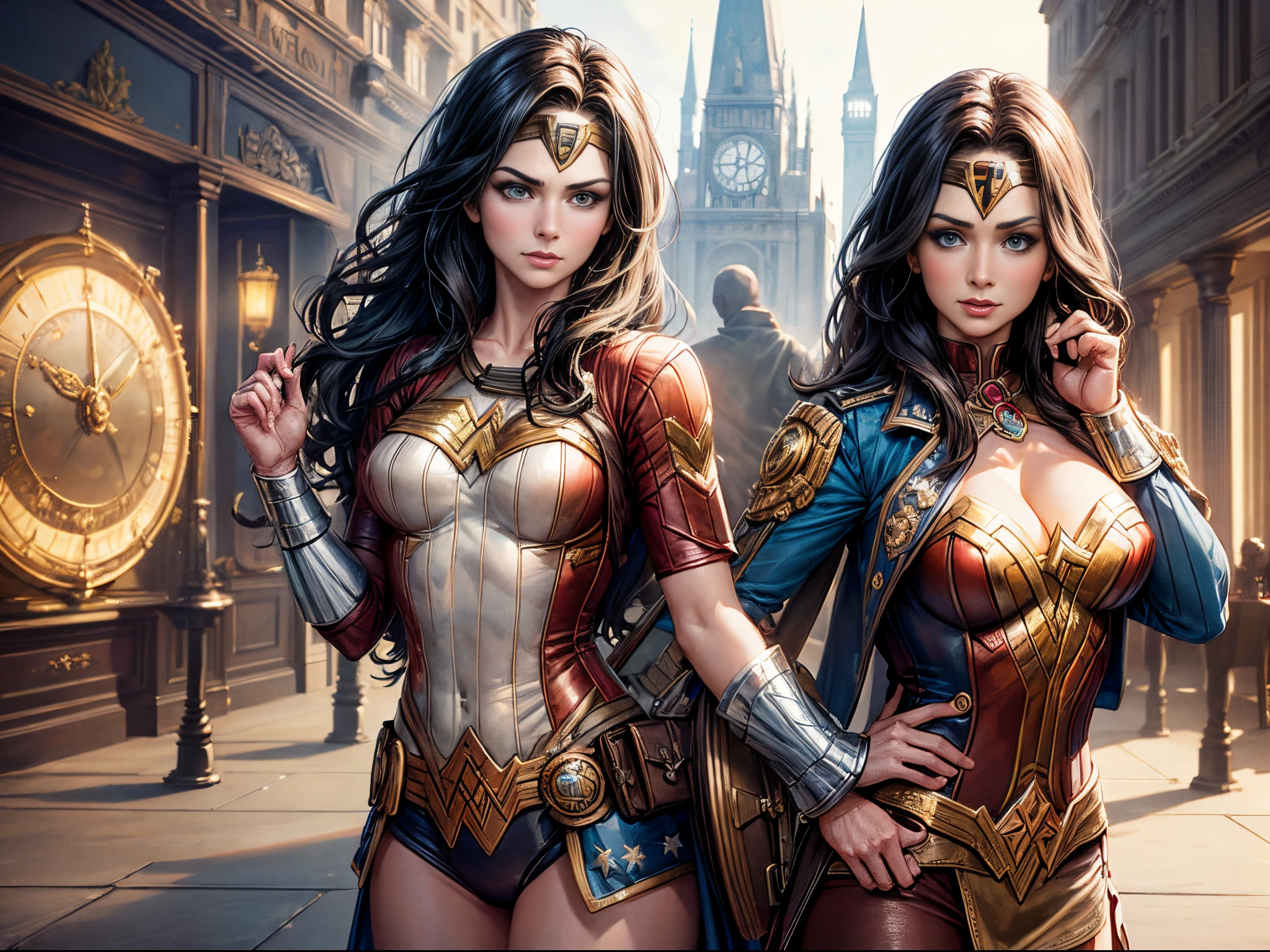 Transport Wonder Woman to a Victorian-era steampunk universe, blending historical elements with advanced rendering techniques to create a unique and visually rich composition.