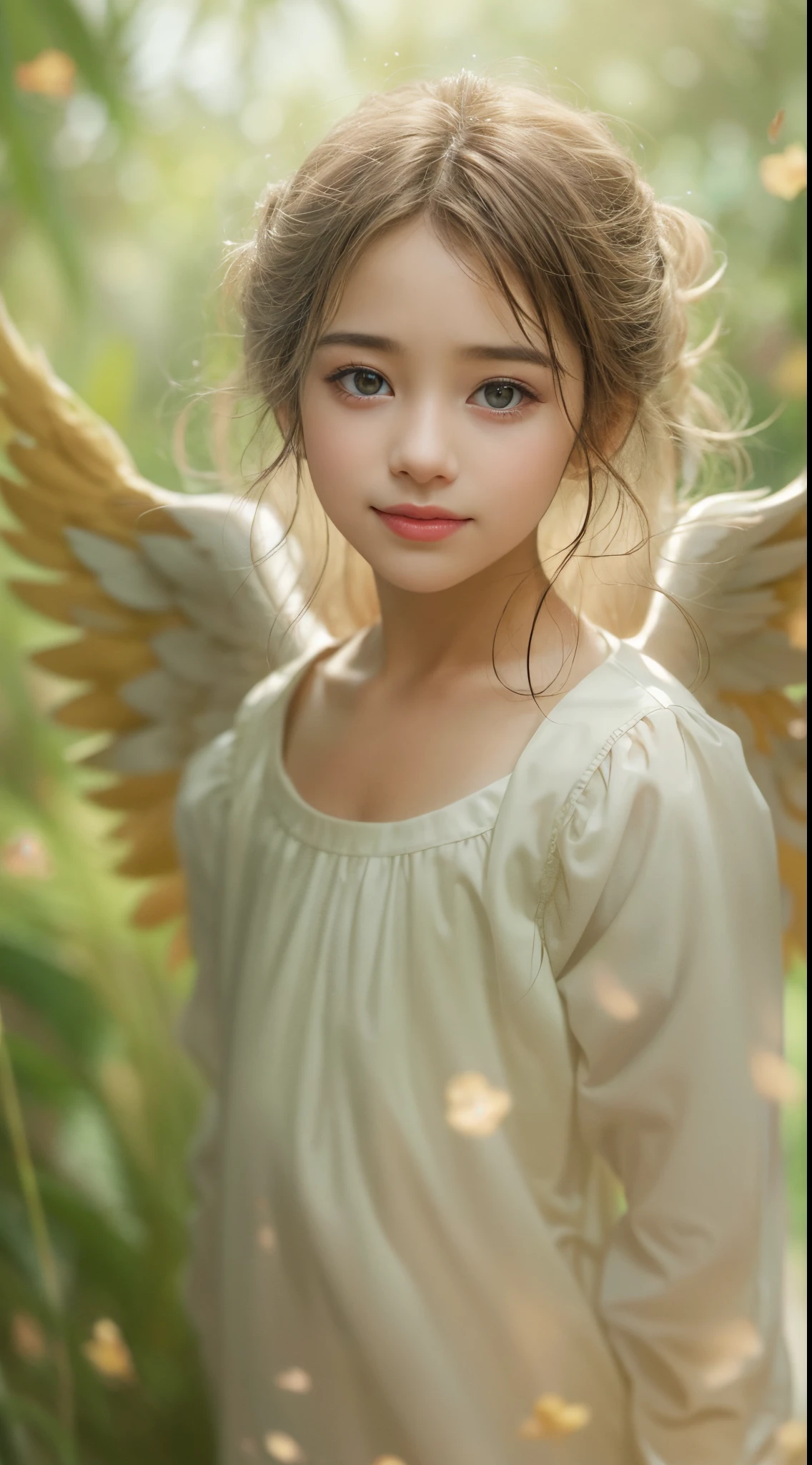 A baby angel with a sweet and serene expression., blessed by angels with shiny backgrounds full of hearts, en los alrededores de un jardin, at the age of 14, looking forward with a shy smile, Irradiando amor. The artwork is created using a vivid, medio fotorrealista, showing ultra detailed features, como hermosos ojos detallados, hermosos labios detallados, y una cara extremadamente detallada, cabello detallado. The image quality is of the best high resolution. (4K u 8K) con renderizado ultra detallado y realista. The color palette emphasizes soft and warm tones., creating a harmonious and angelic atmosphere. The lighting is soft and angelic., iluminando la escena con un resplandor divino
