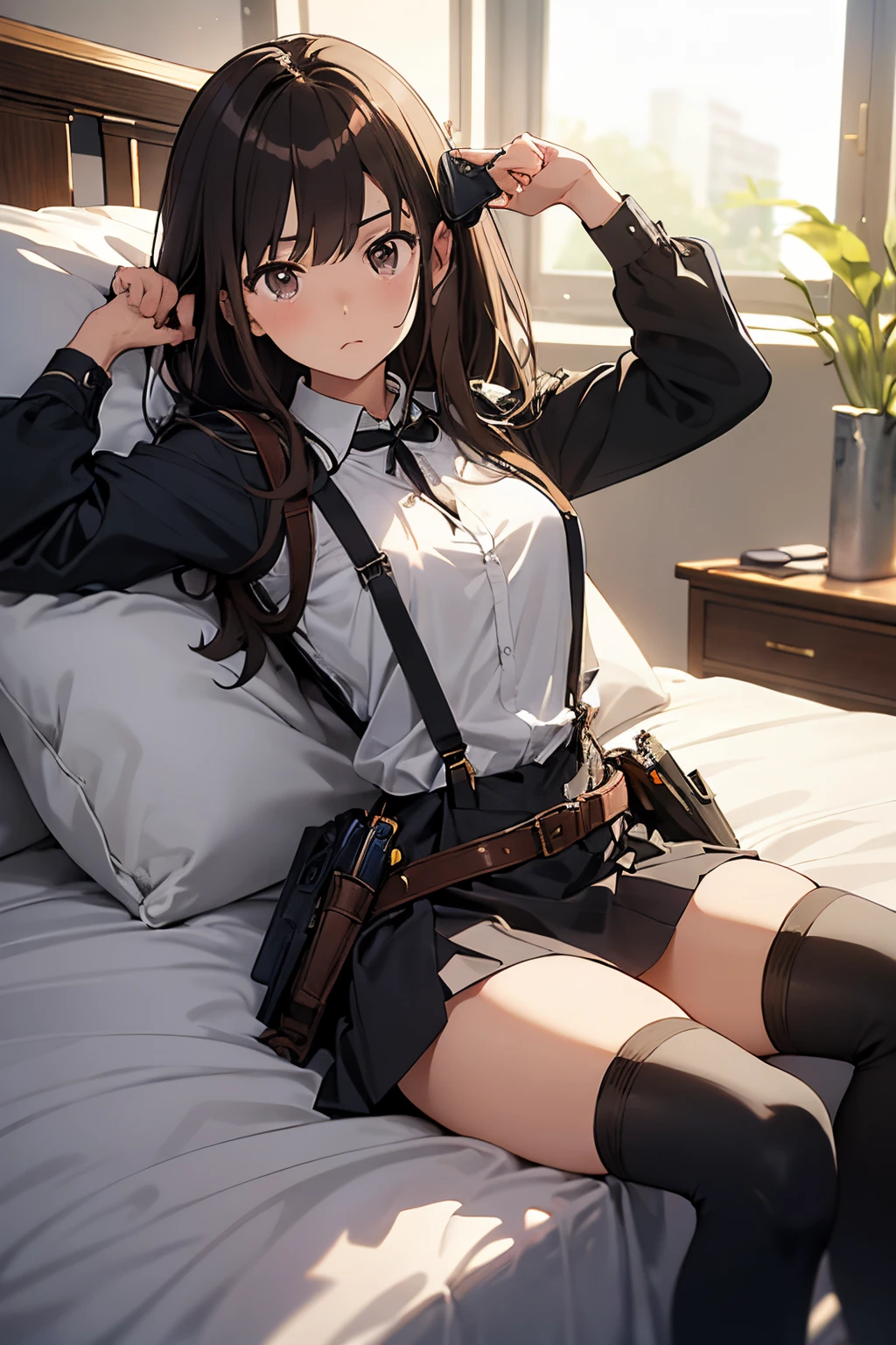 Brown hair、watching at viewers　　　black suspenders　　　Bulging big breasts　　 　 　　　walls: 　Black miniskirt　garters　　　　　　Gaze　　　Small face　bangss 　　　holster　　Belt Armament　Beautuful Women　srestrained　hands up　Lying in bed　Leg holster lying on the bed　　Gaze 　black boots panty shot