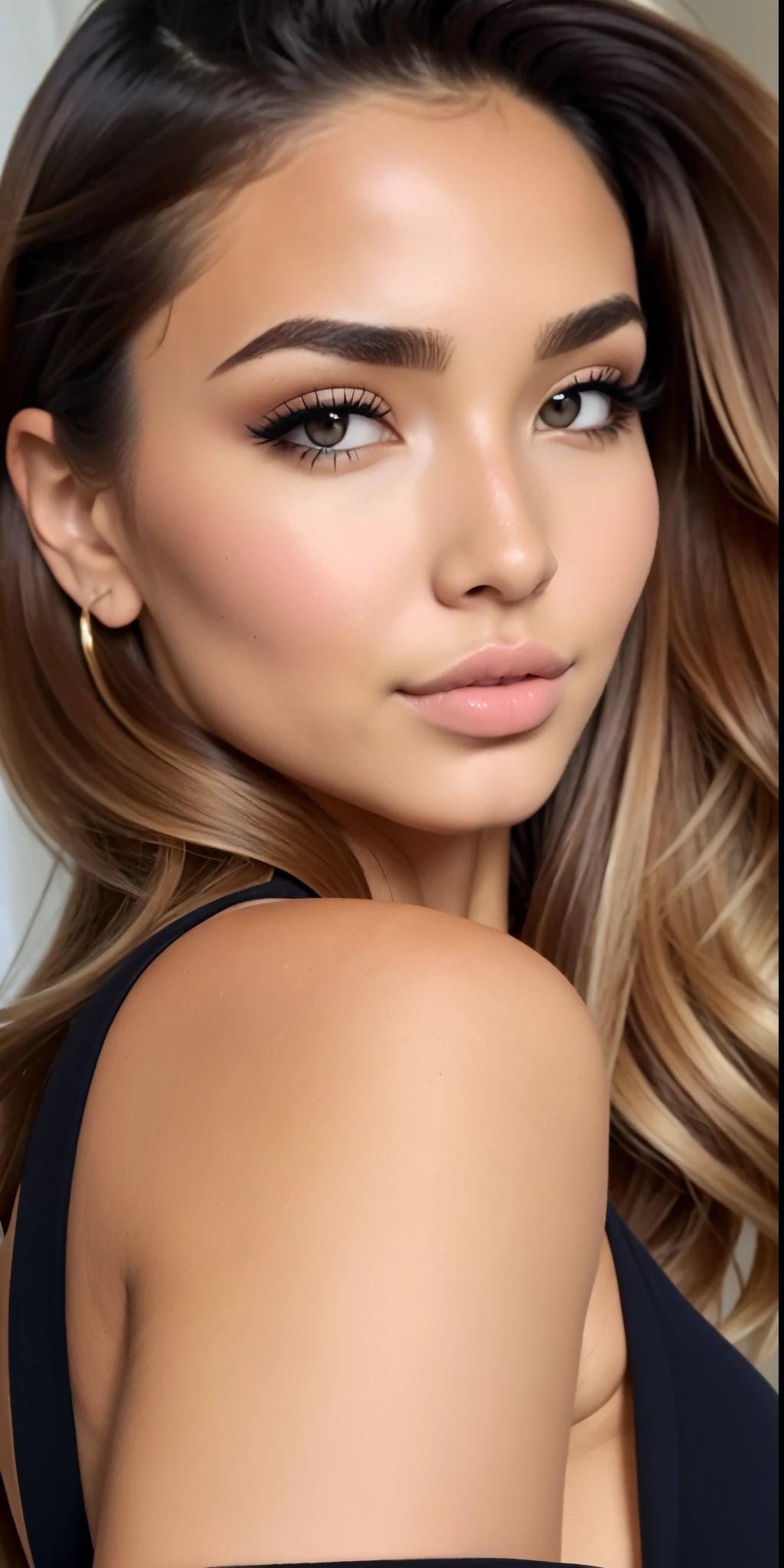 um close up de uma mulher com cabelos longos usando um vestido preto, Pokimane, Retrato Sophie Mudd, Retocado no Photoshop, rosto bonito fotorrealista, beleza de cair o queixo, Gemma Chan Retrato da menina, rosto bonito hiperrealista, retoque profissional, rosto extremamente bonito, Cara Sexy, beleza de cair o queixo, foto retrato suave 8 k, feito com photoshop