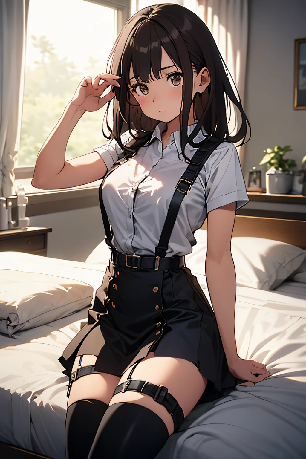 ​masterpiece、flat-colors、depth of fields、lens flare 1 girl、、Brown hair、watching at viewers　　　black suspenders　　　Bulging big breasts　　　 　 Armpit sweat　perspiring　Side of both hands　　walls: 　Black miniskirt　garters　　　　　　Gaze　　　Small face　bangss 　flank　　　　holster　　Belt Armament　Beautuful Women　srestrained　Hands behind your back　On the bed　Sleep in a leg holster bed　Pants in the gap　２０hindquarters　suits