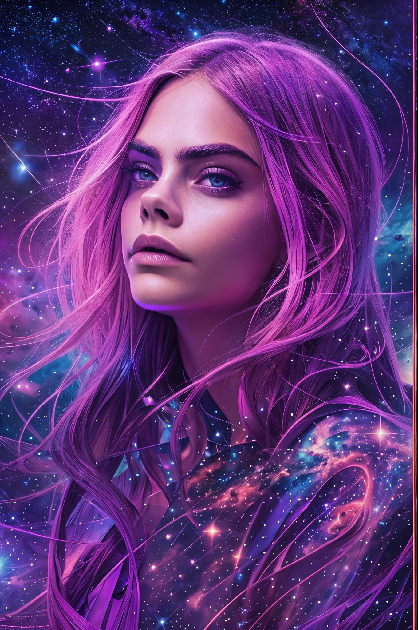 "Generate an AI-powered artwork featuring Cara Delevingne in a cosmic setting, surrounded by the vast expanse of space and distant stars. Envision her figure as a graceful silhouette, adorned in a celestial-themed outfit that complements the cosmic atmosphere. Picture her face radiating a sense of wonder and beauty, reflecting the awe-inspiring nature of the cosmos. Create an image where graceful shapes and ethereal elements intertwine, capturing the essence of both Cara's elegance and the mesmerizing vastness of space. Use a cosmic color palette, blending deep blues, purples, and cosmic hues to evoke a sense of cosmic enchantment. The final image should be a visually stunning portrayal of Cara Delevingne immersed in the celestial wonders of the universe."